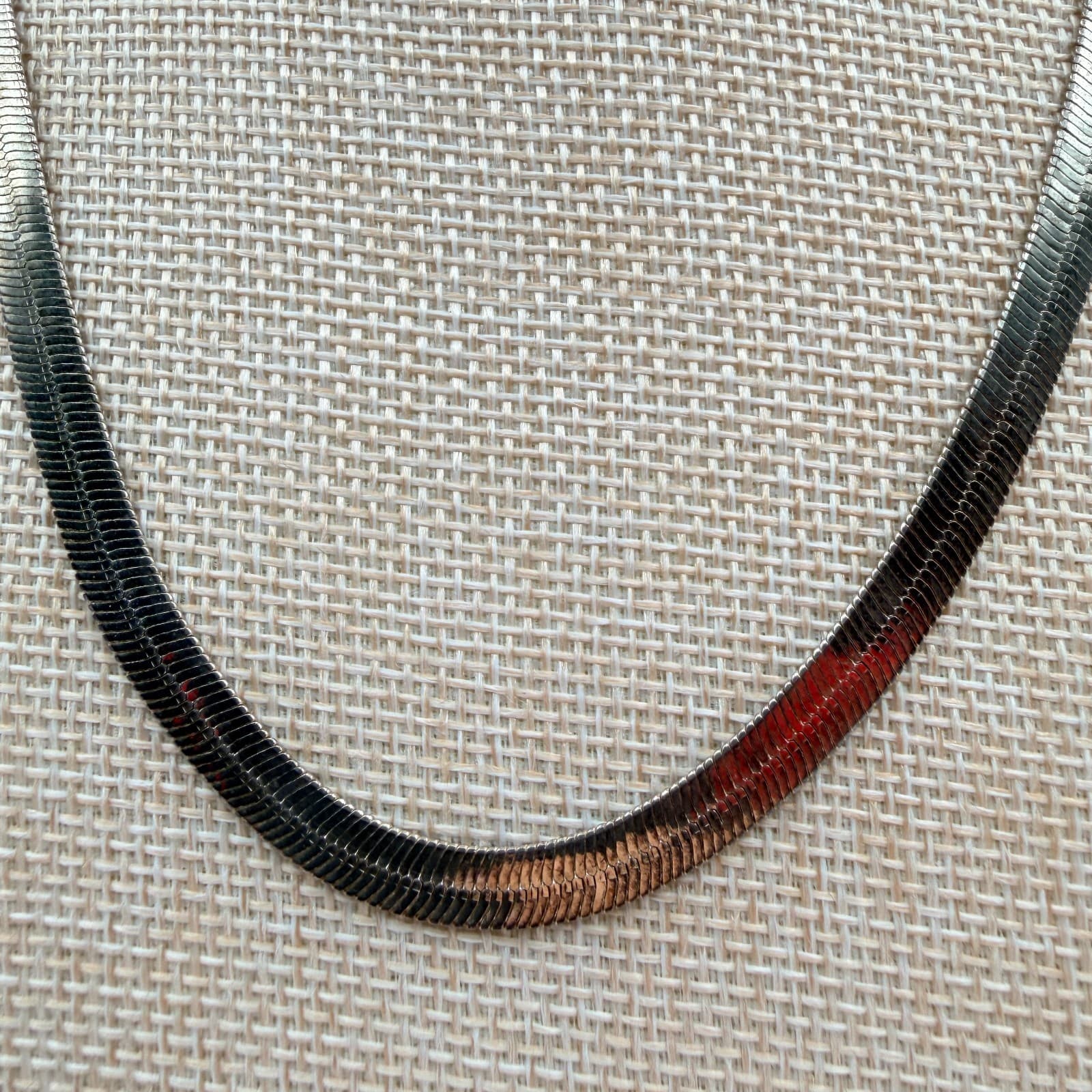 Vintage 80s Silver Tone Herringbone Snake Chain Necklace Korea Flat Link Jewelry - Thumbnail 3
