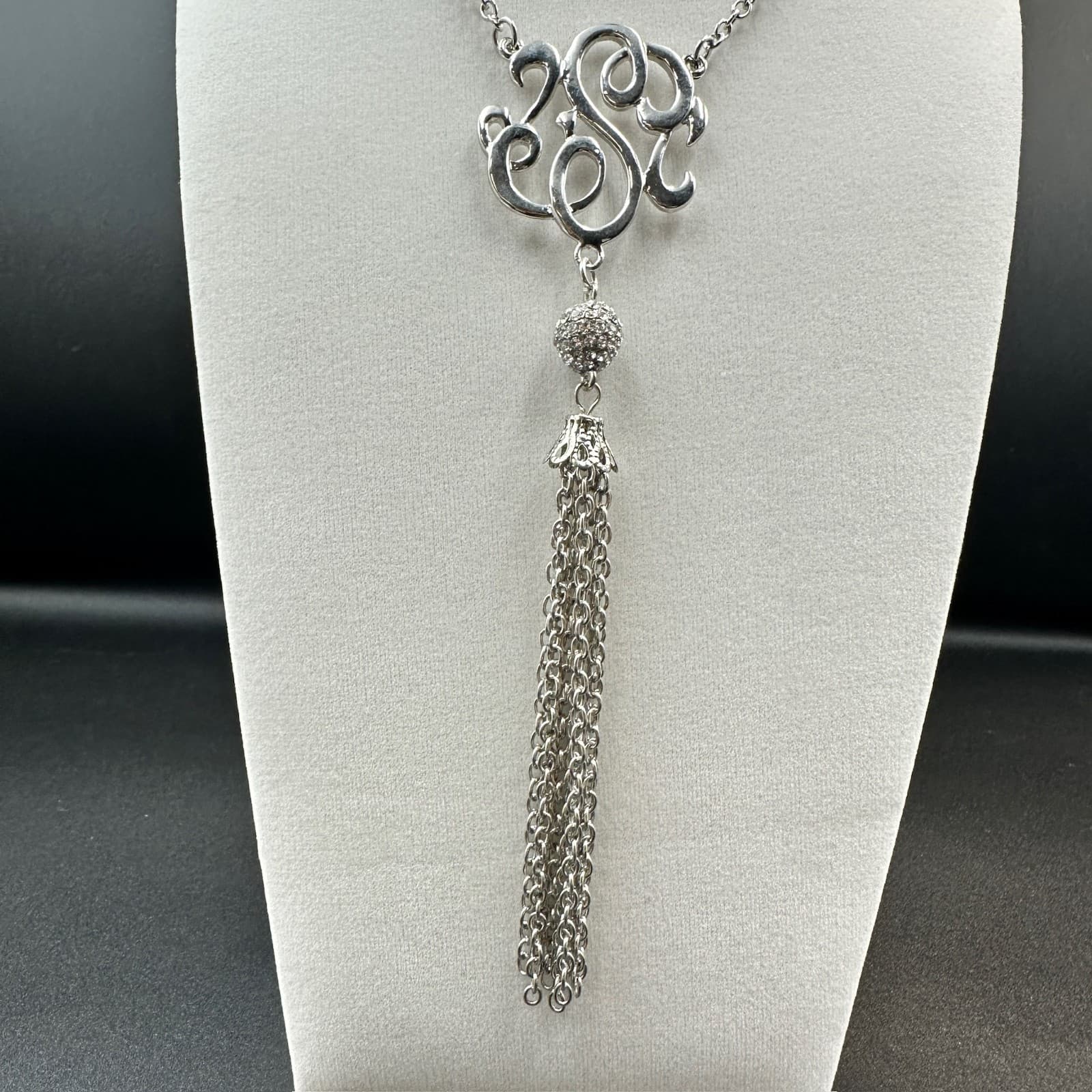 Vintage Rhinestone Silver-Tone 'S' Monogram Tassel Drop Fashion Pendant Necklace - Thumbnail 2