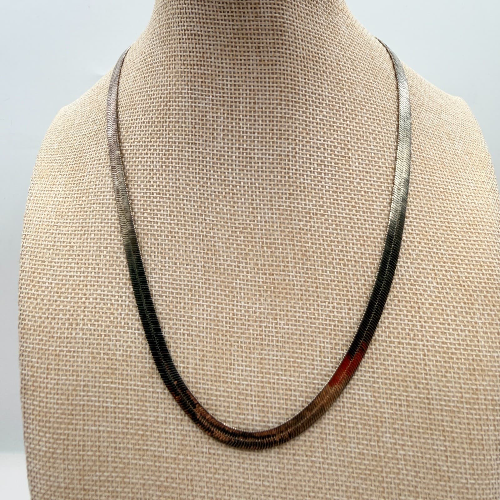 Vintage 80s Silver Tone Herringbone Snake Chain Necklace Korea Flat Link Jewelry - Image 1