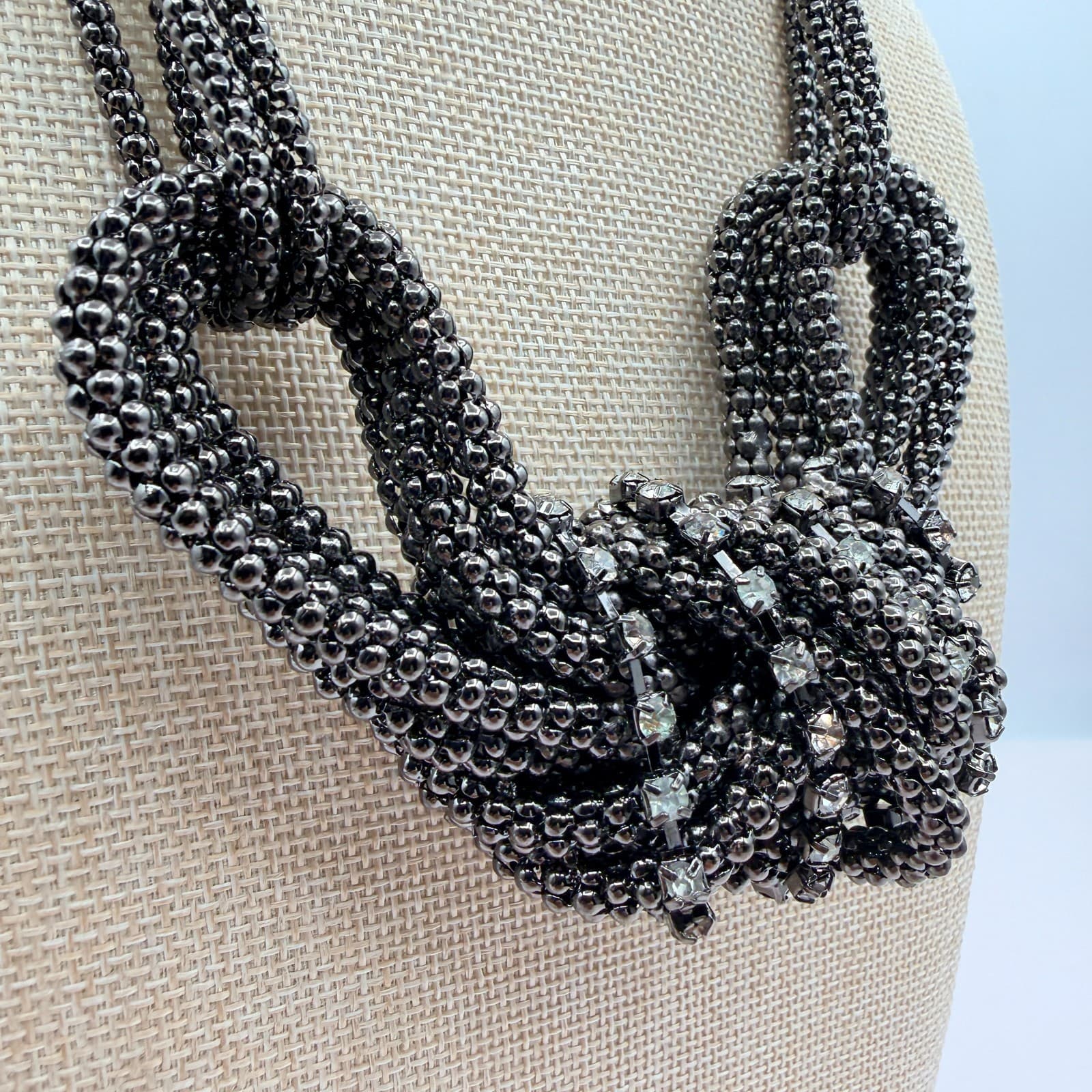 Vintage 90s Gunmetal Tone Multi Strand Rhinestone Knot Necklace Women's Jewelry - Thumbnail 4