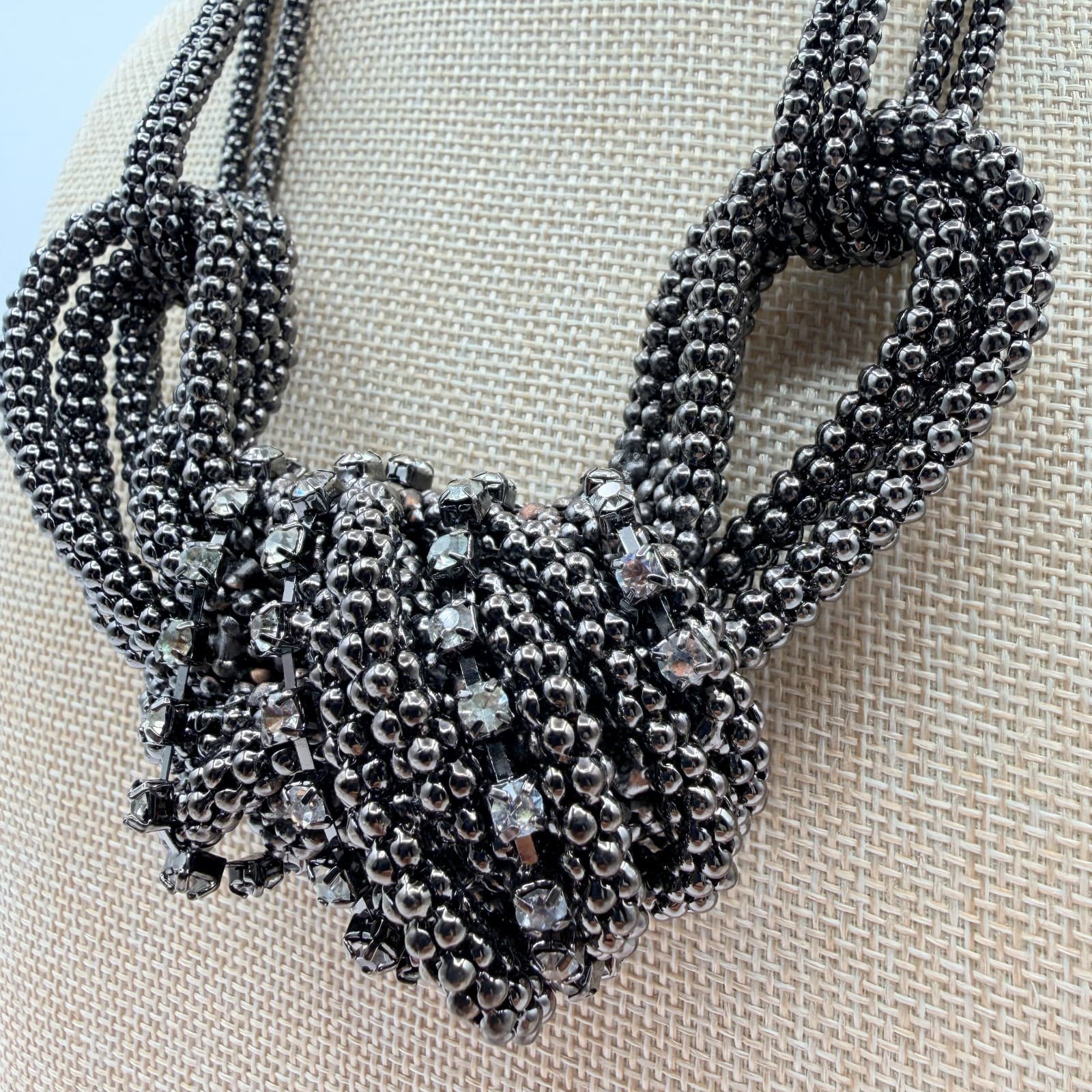 Vintage 90s Gunmetal Tone Multi Strand Rhinestone Knot Necklace Women's Jewelry - Thumbnail 6