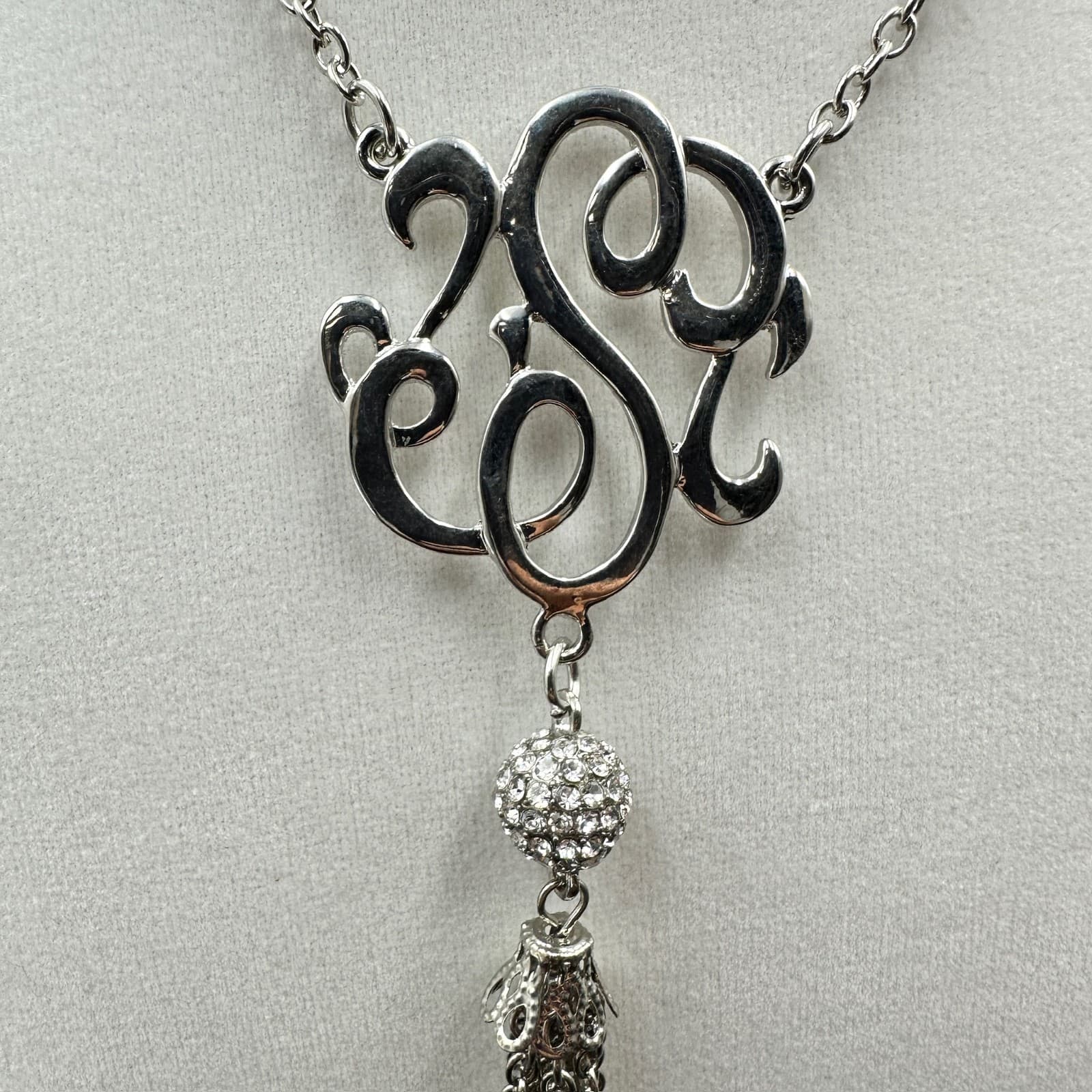 Vintage Rhinestone Silver-Tone 'S' Monogram Tassel Drop Fashion Pendant Necklace - Thumbnail 3