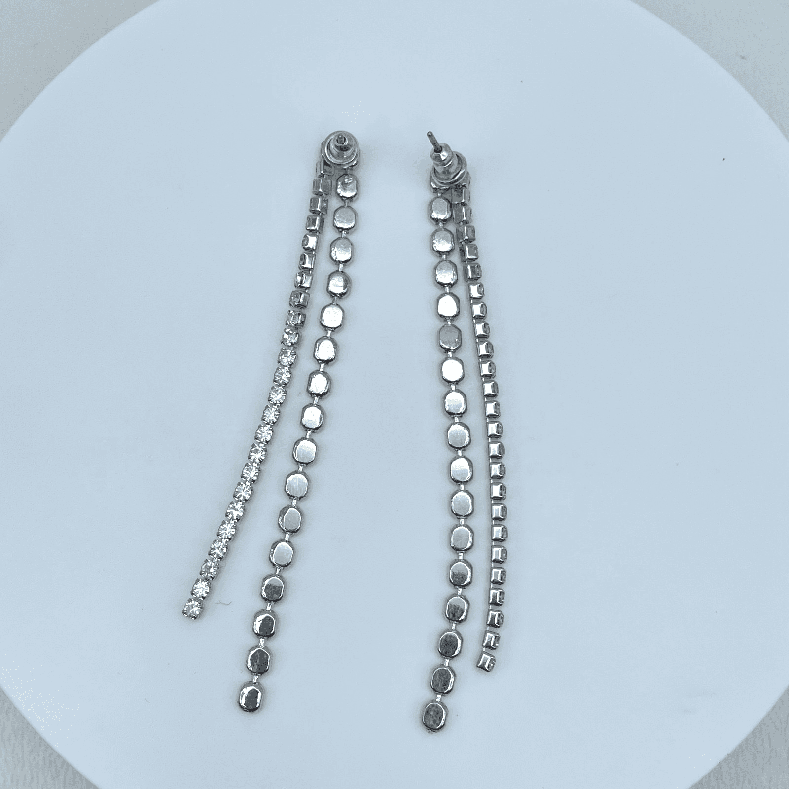 Vintage Y2K Silver Tone Double Strand Clear Rhinestone Tennis Dangle Earrings - Image 1