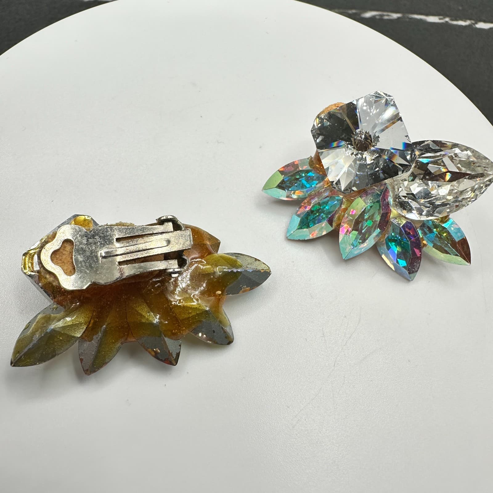 Vintage Handmade Women's Clear Crystal Clip On Beauty Fashion Stud Earrings - Thumbnail 5