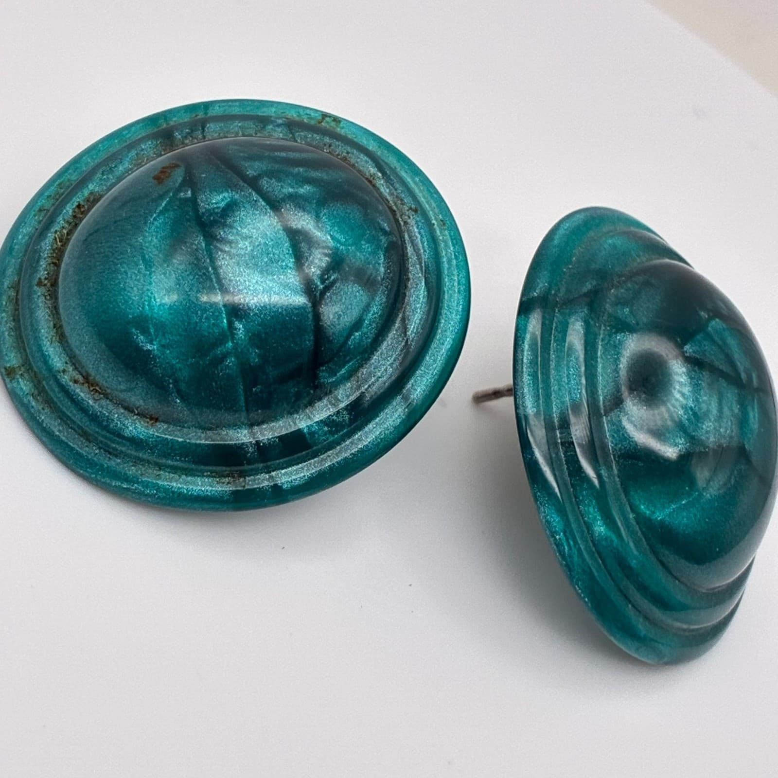 Vintage 90s Royal Green Round Studs Earrings Statement Women's Classic Jewelry - Thumbnail 6