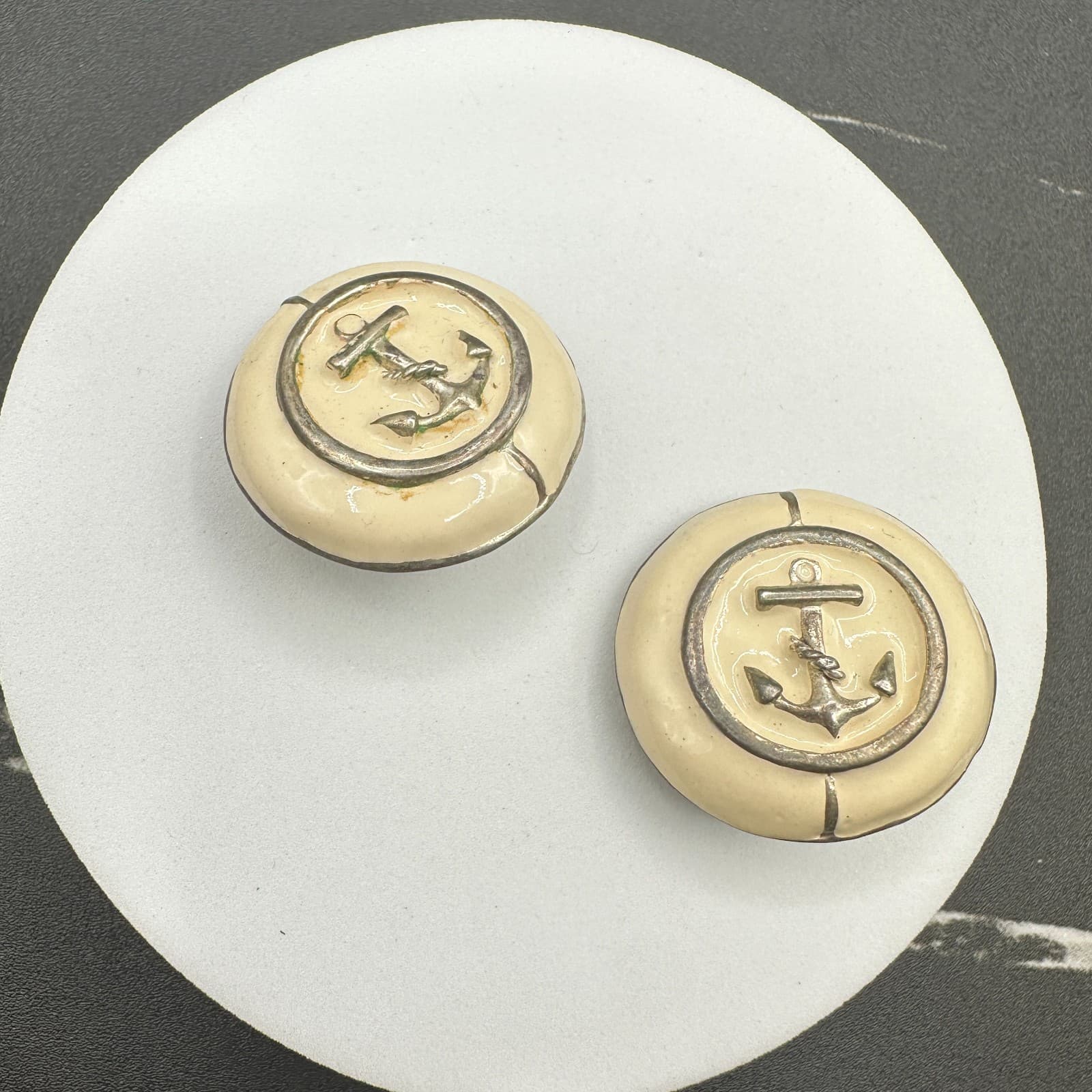 Vintage Handmade Women's Beige Anchor Enamel Clip On Fashion Stud Earrings - Thumbnail 4