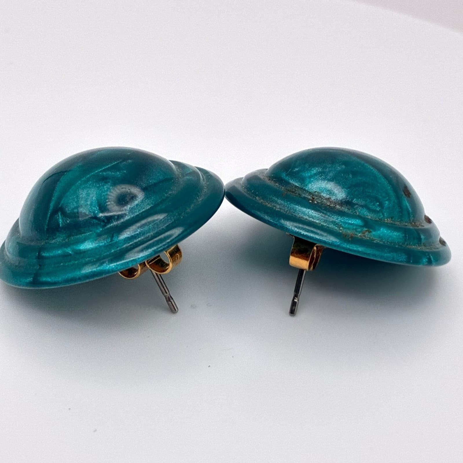 Vintage 90s Royal Green Round Studs Earrings Statement Women's Classic Jewelry - Thumbnail 2