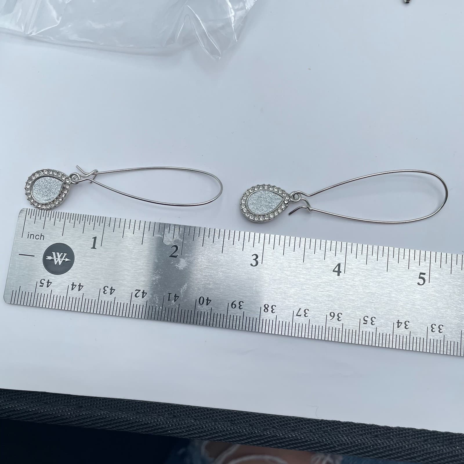 Vintage 90s Silver Tone Teardrop Dangle Earrings Glitter Clear Rhinestone - Thumbnail 7