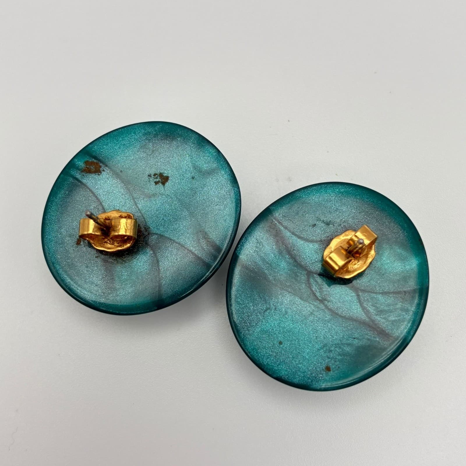 Vintage 90s Royal Green Round Studs Earrings Statement Women's Classic Jewelry - Thumbnail 4