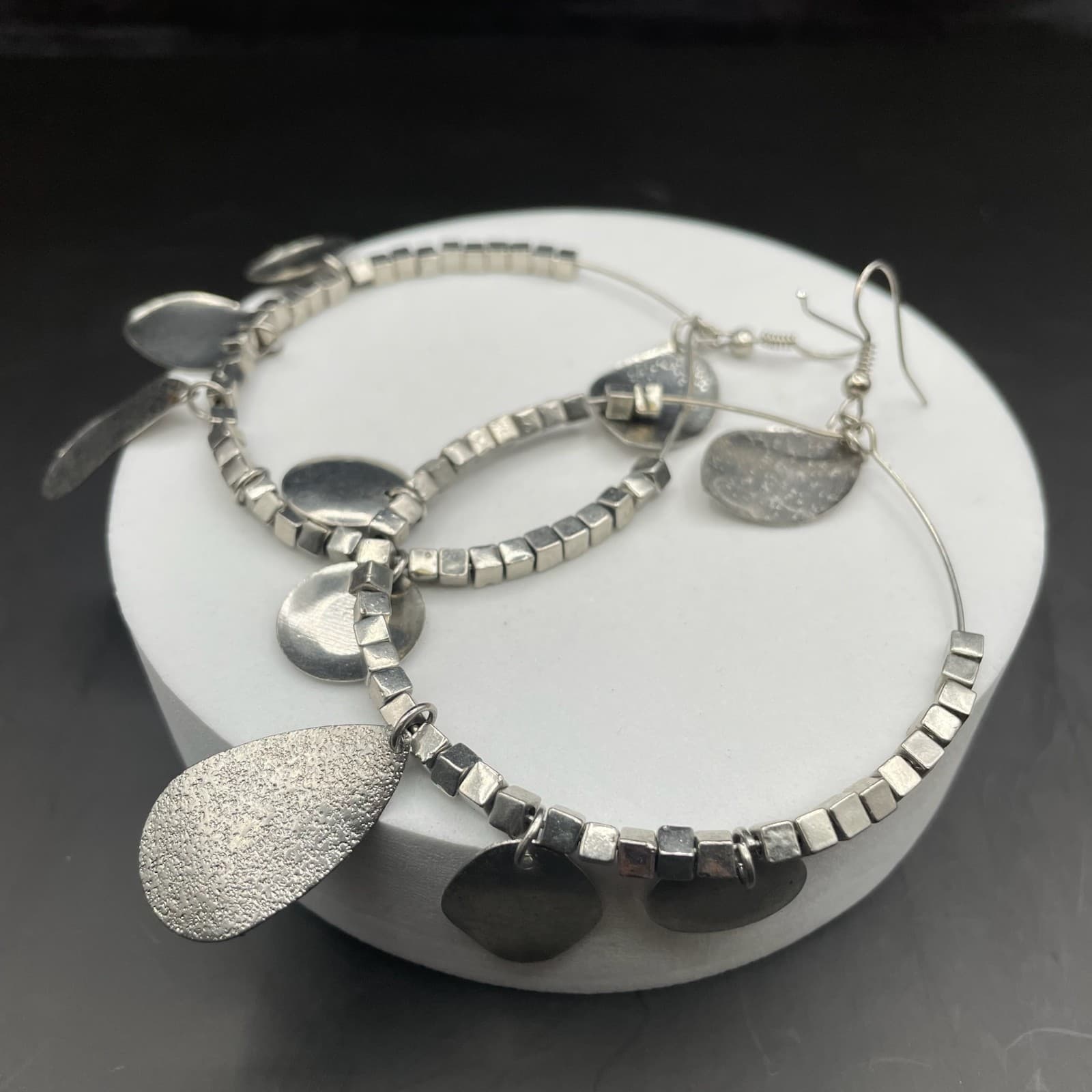 Silver Tone Mixed Charm Hoop Earrings Boho Metal Dangle Style - Thumbnail 8