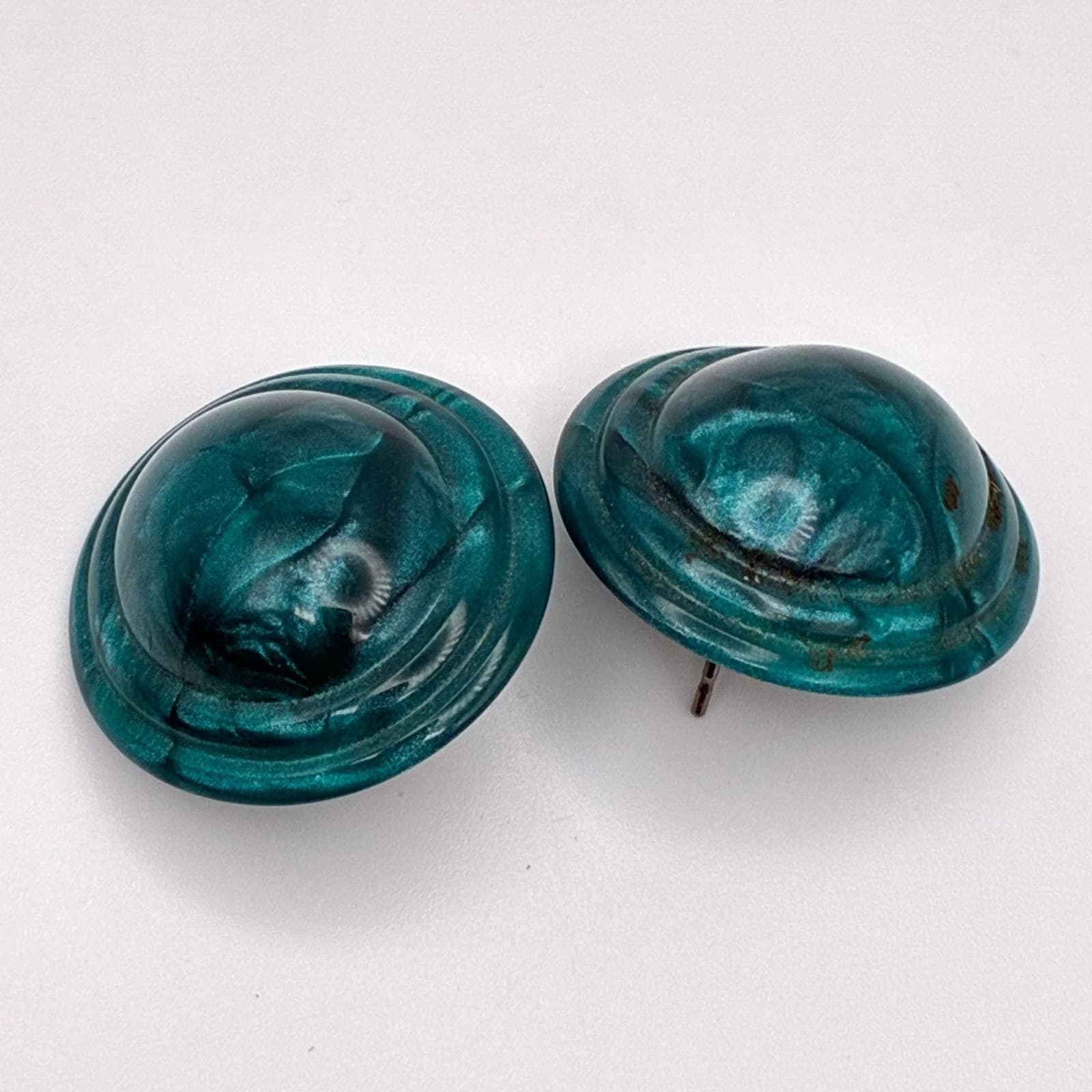 Vintage 90s Royal Green Round Studs Earrings Statement Women's Classic Jewelry - Thumbnail 3