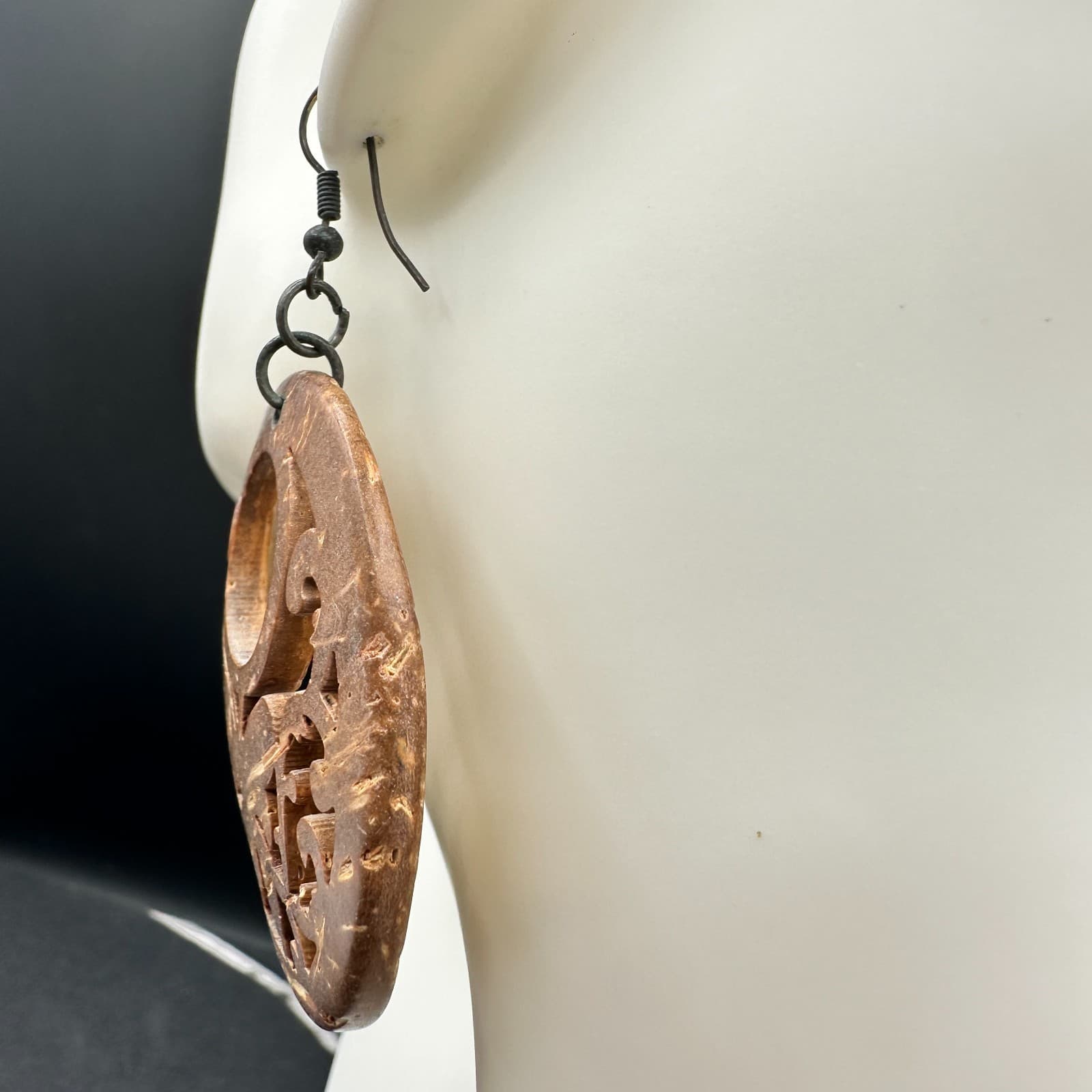 Contemporary Brown Paisley Filigree Wood Statement Hoop Fish Hook Earrings - Thumbnail 8