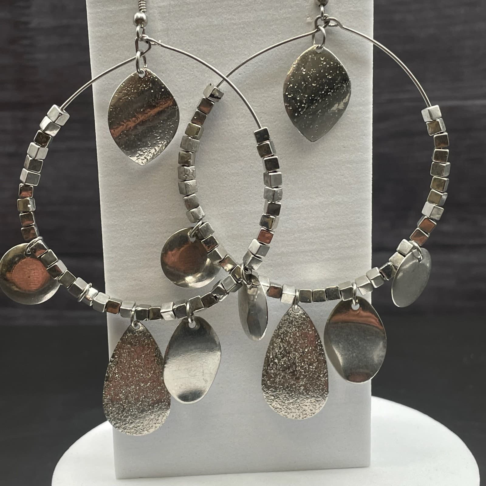 Silver Tone Mixed Charm Hoop Earrings Boho Metal Dangle Style - Image 1