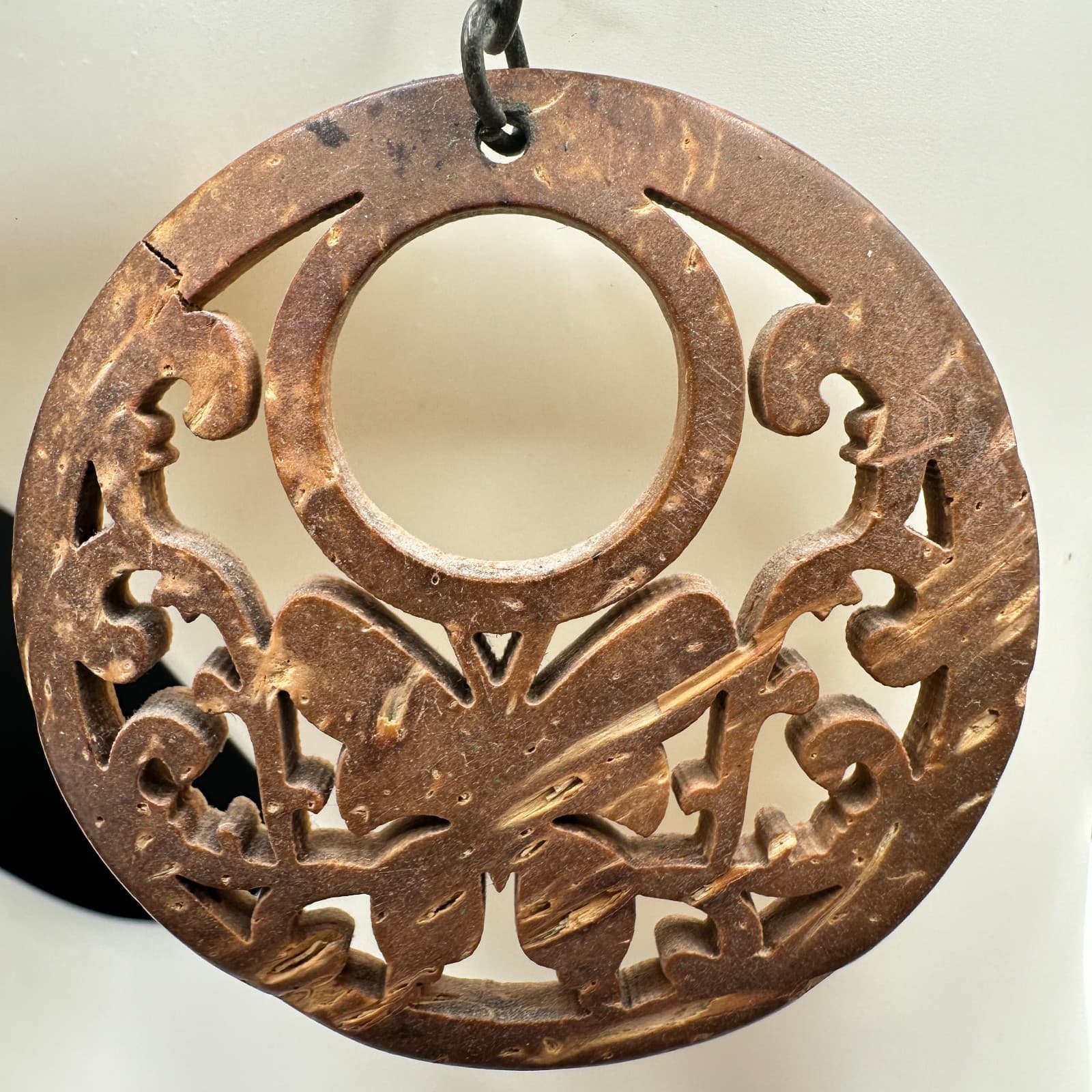 Contemporary Brown Paisley Filigree Wood Statement Hoop Fish Hook Earrings - Thumbnail 6