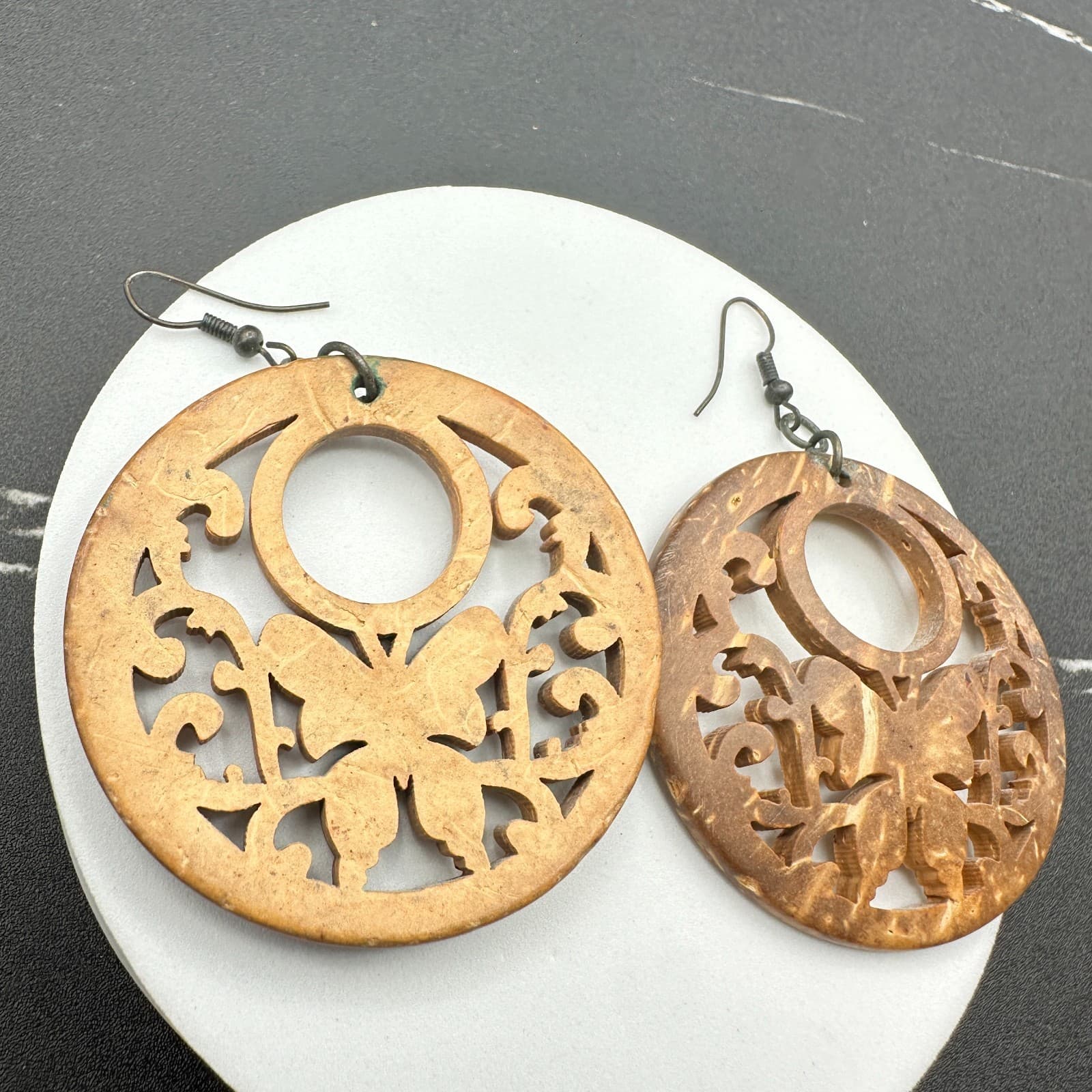 Contemporary Brown Paisley Filigree Wood Statement Hoop Fish Hook Earrings - Thumbnail 11