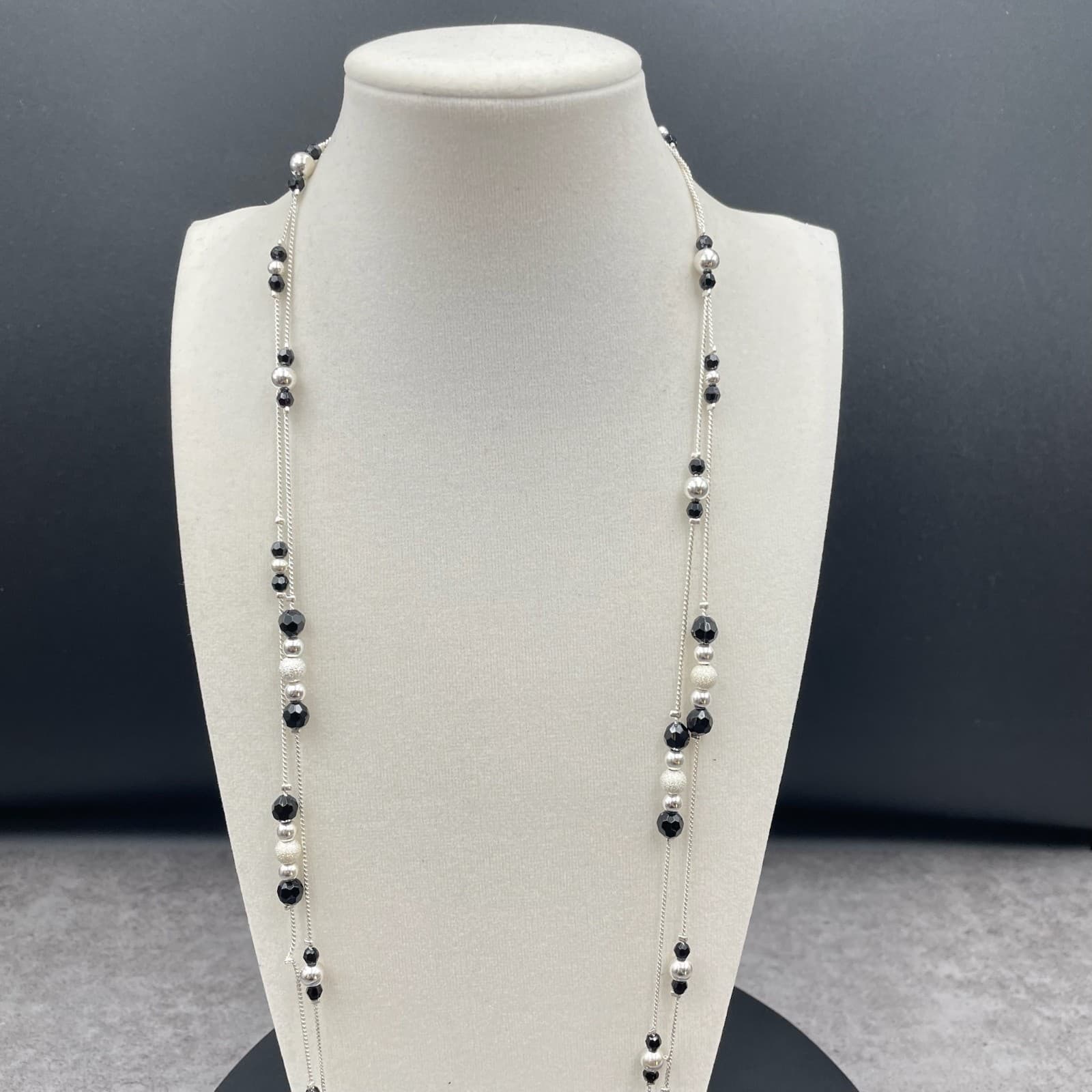 Cultured Silver-Tone Chain Black Onyx Beaded Double Stranded Sautoir Necklace - Thumbnail 2