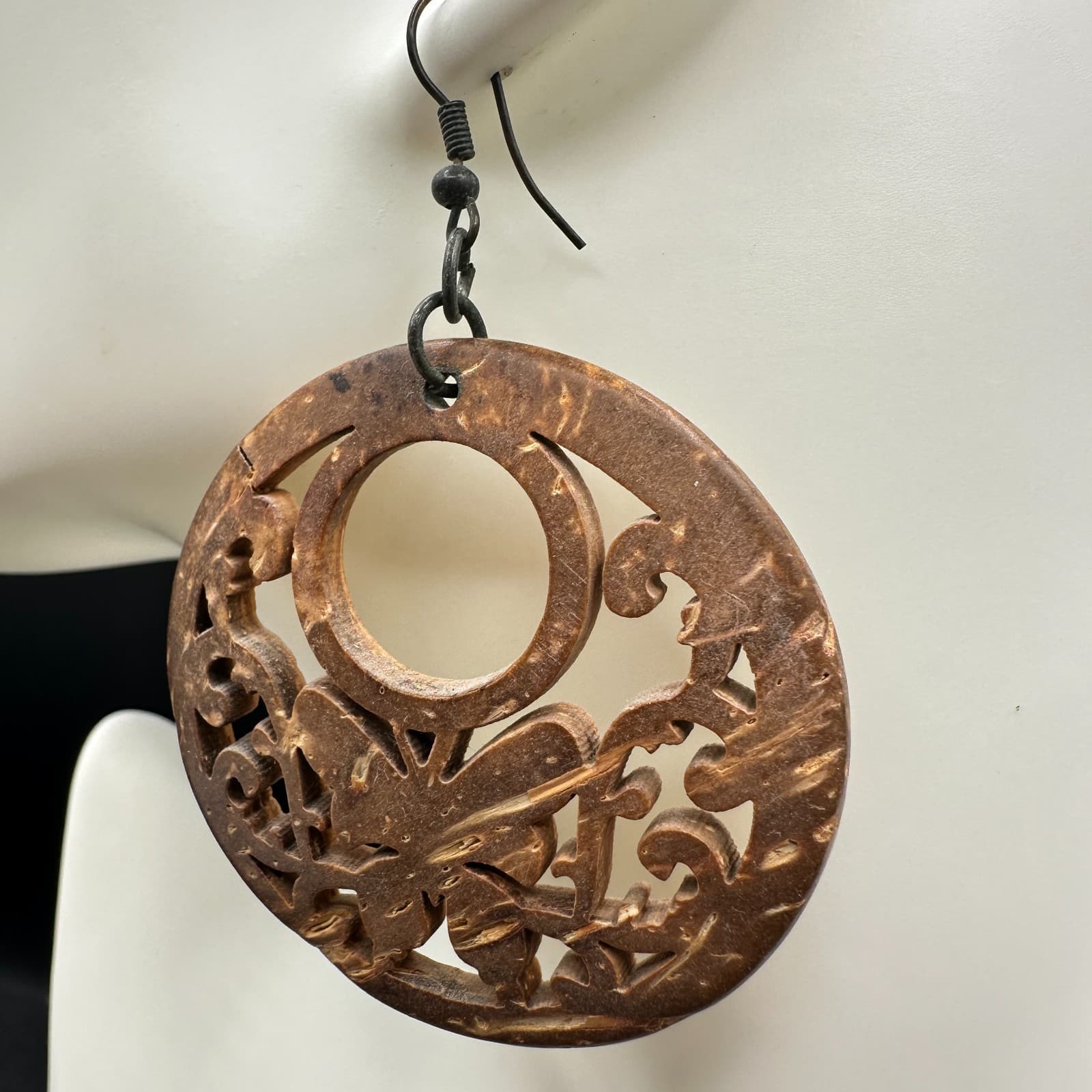 Contemporary Brown Paisley Filigree Wood Statement Hoop Fish Hook Earrings - Thumbnail 4