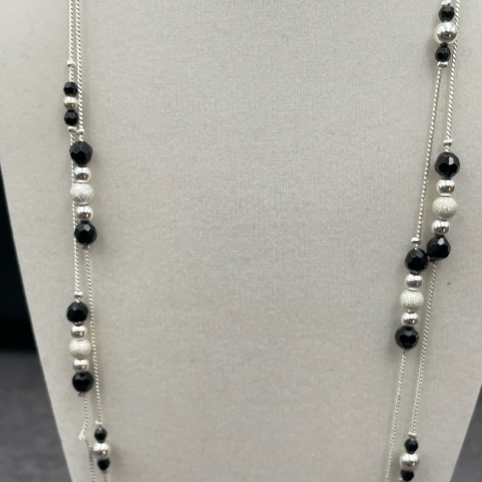 Cultured Silver-Tone Chain Black Onyx Beaded Double Stranded Sautoir Necklace - Thumbnail 7