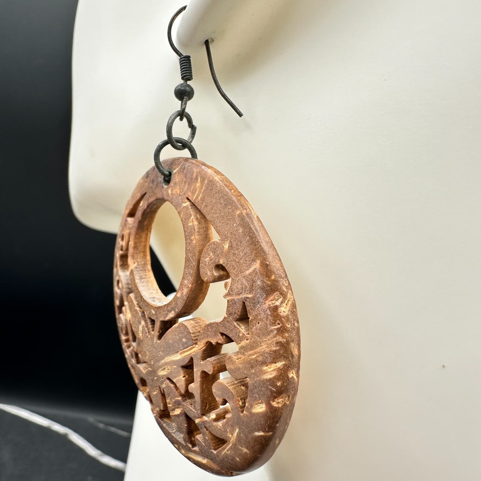 Contemporary Brown Paisley Filigree Wood Statement Hoop Fish Hook Earrings - Thumbnail 7