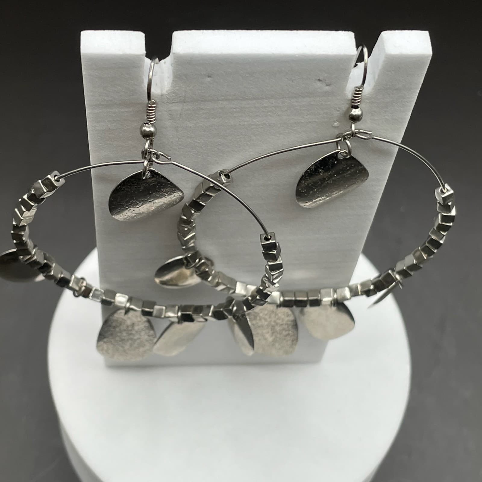 Silver Tone Mixed Charm Hoop Earrings Boho Metal Dangle Style - Thumbnail 2