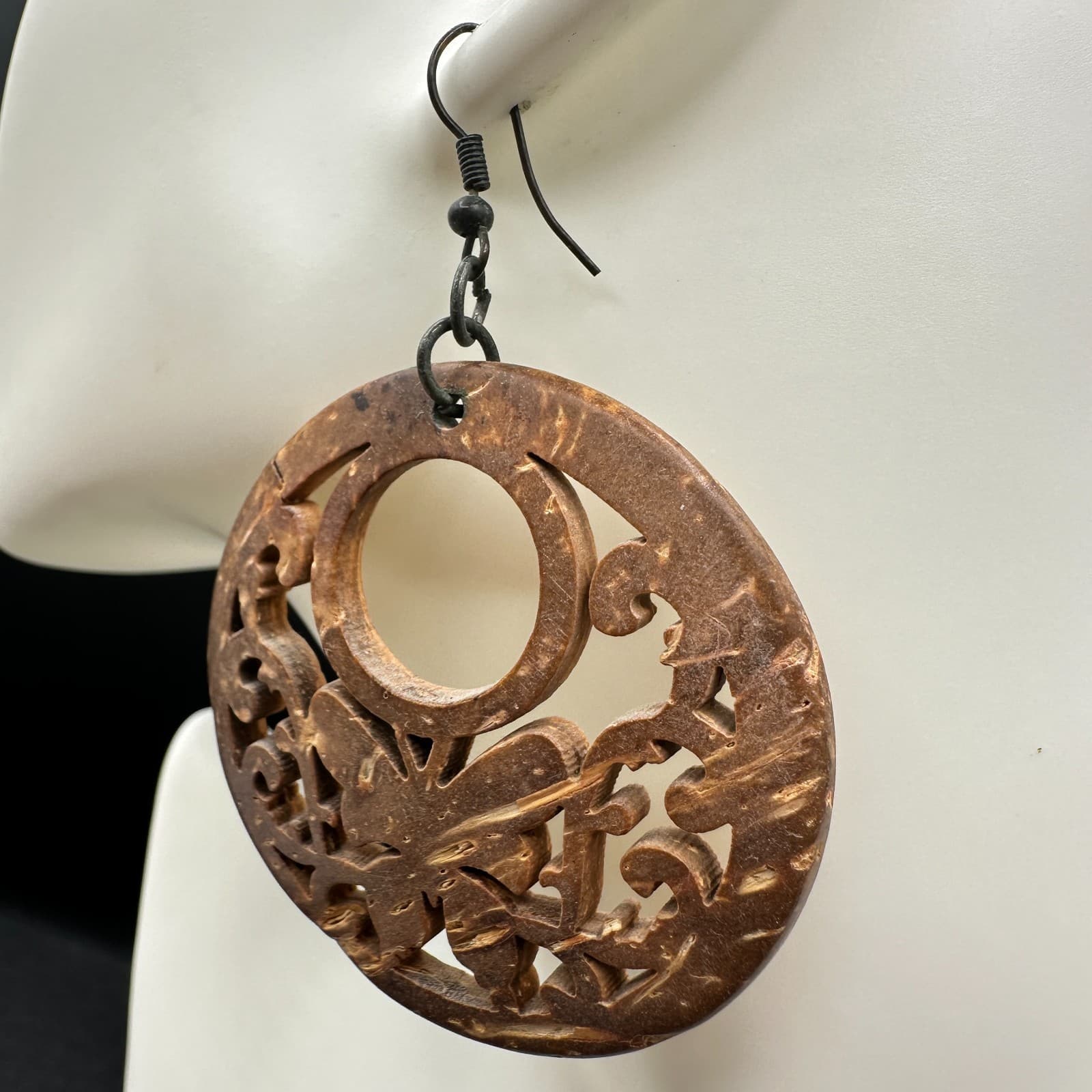 Contemporary Brown Paisley Filigree Wood Statement Hoop Fish Hook Earrings - Thumbnail 5