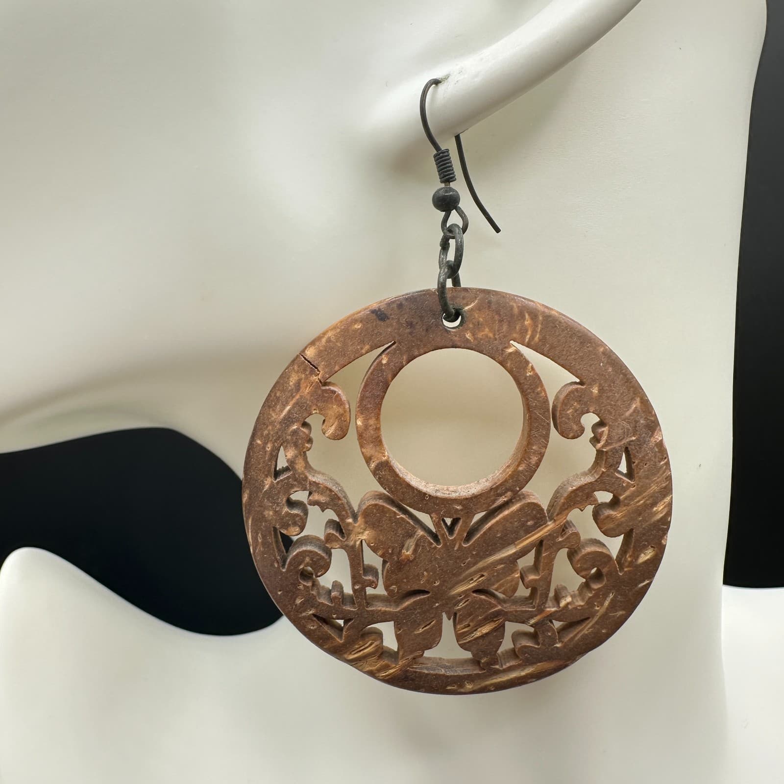 Contemporary Brown Paisley Filigree Wood Statement Hoop Fish Hook Earrings - Thumbnail 2