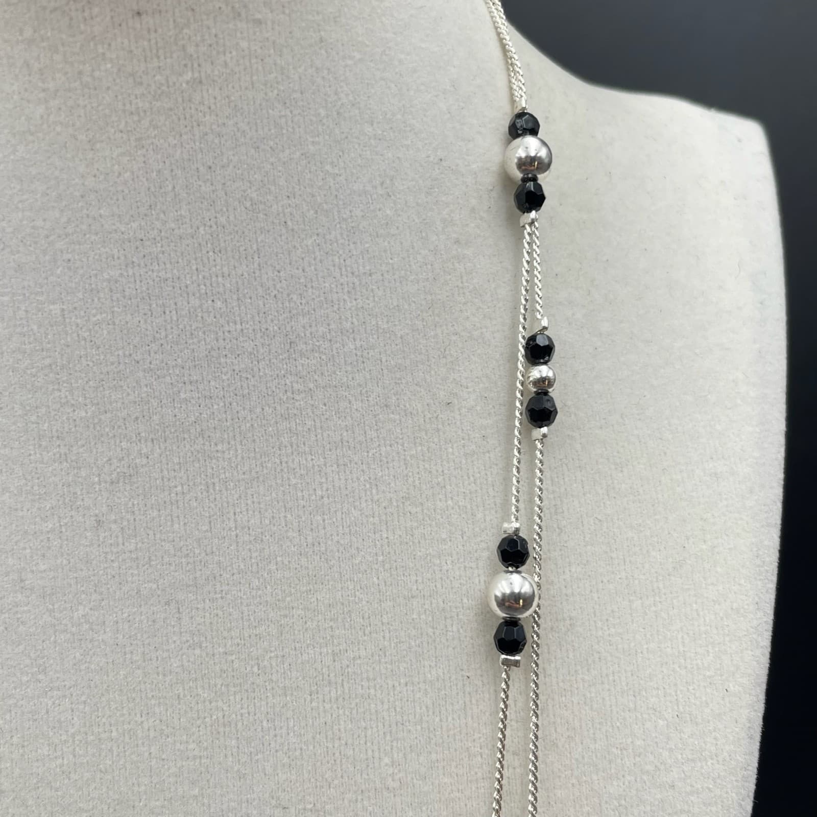 Cultured Silver-Tone Chain Black Onyx Beaded Double Stranded Sautoir Necklace - Thumbnail 6