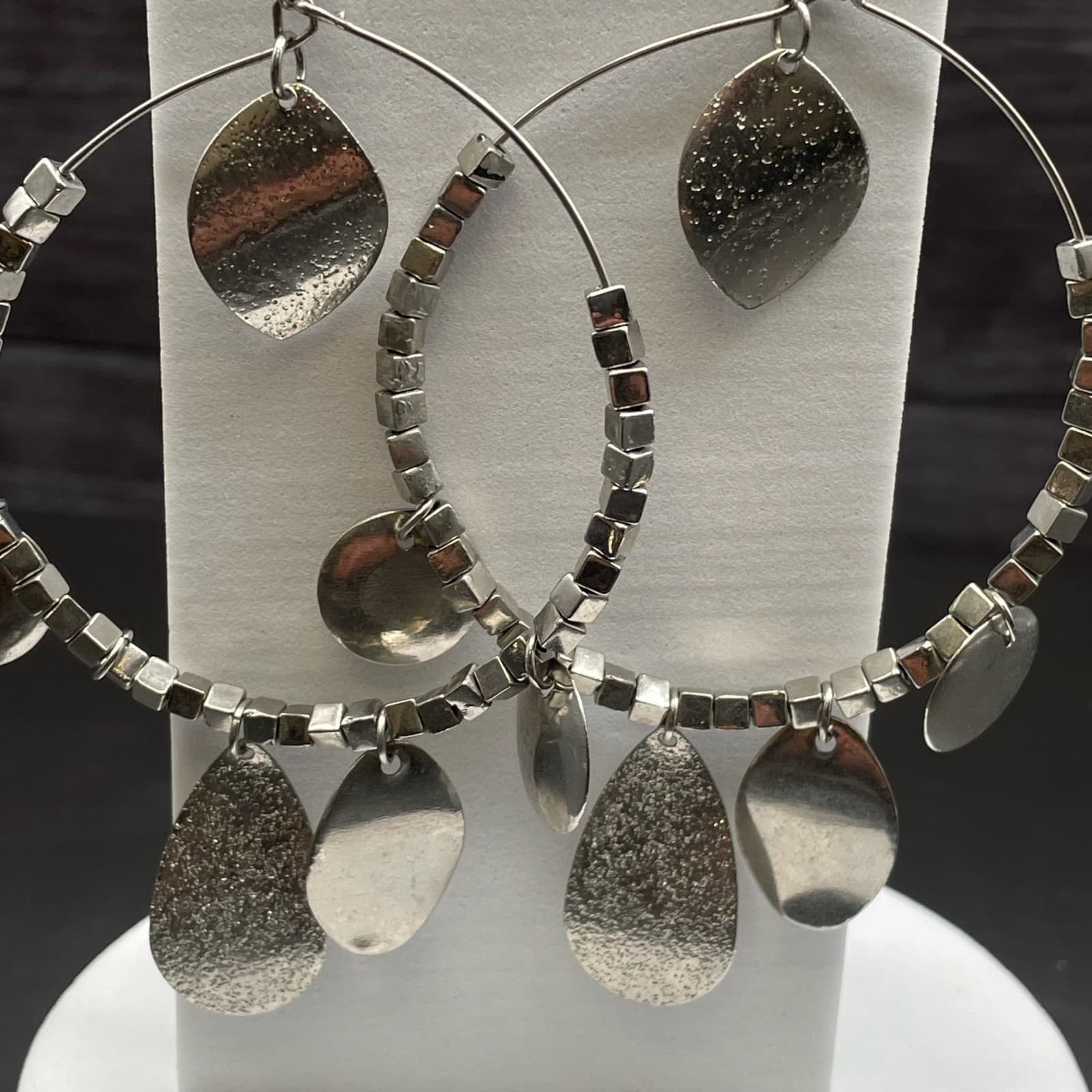 Silver Tone Mixed Charm Hoop Earrings Boho Metal Dangle Style - Thumbnail 5