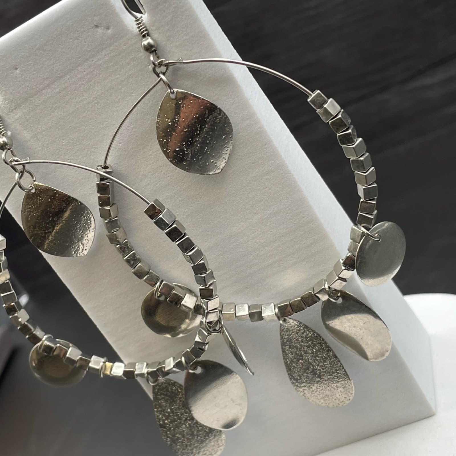 Silver Tone Mixed Charm Hoop Earrings Boho Metal Dangle Style - Thumbnail 4