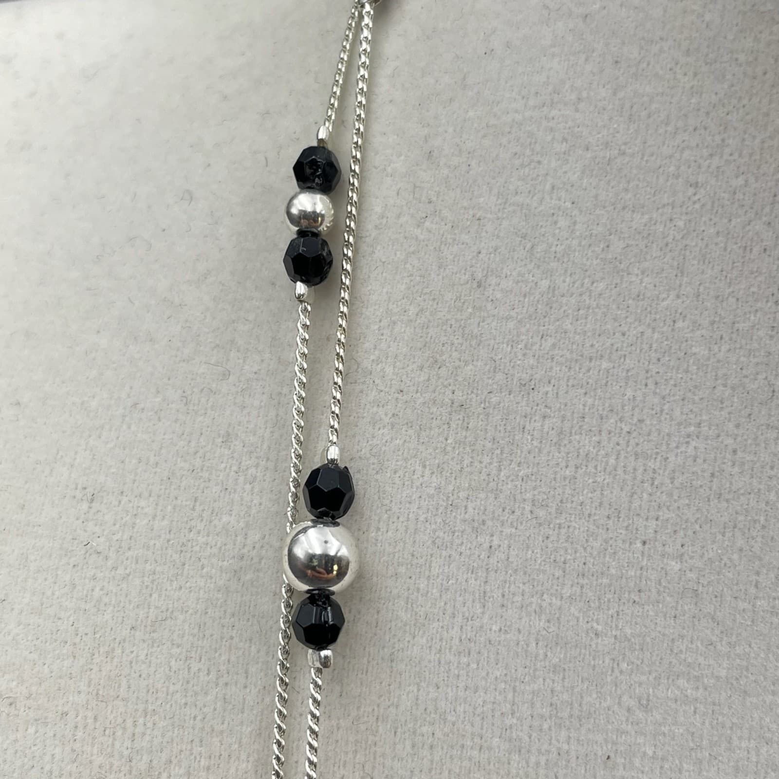 Cultured Silver-Tone Chain Black Onyx Beaded Double Stranded Sautoir Necklace - Thumbnail 8