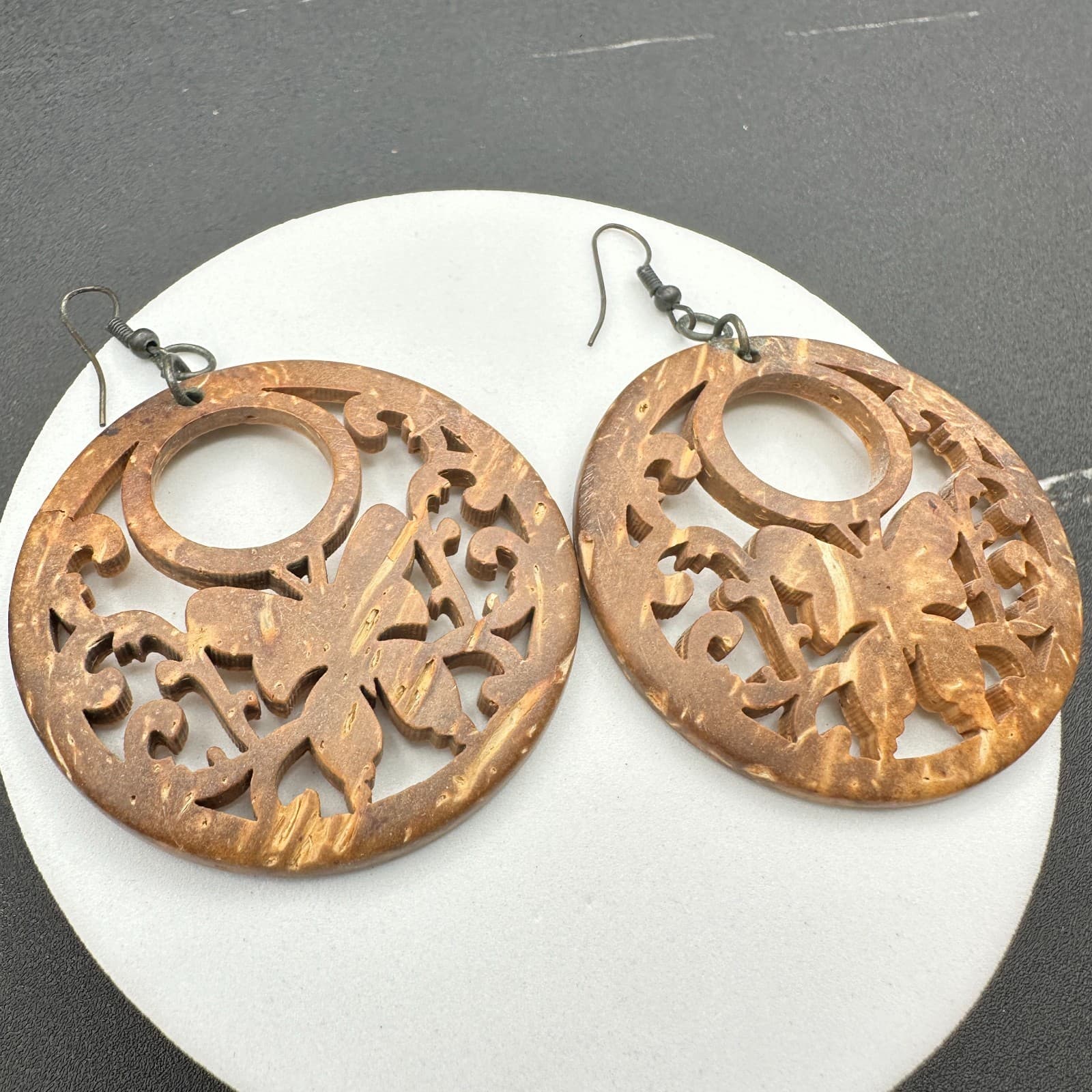Contemporary Brown Paisley Filigree Wood Statement Hoop Fish Hook Earrings - Thumbnail 10