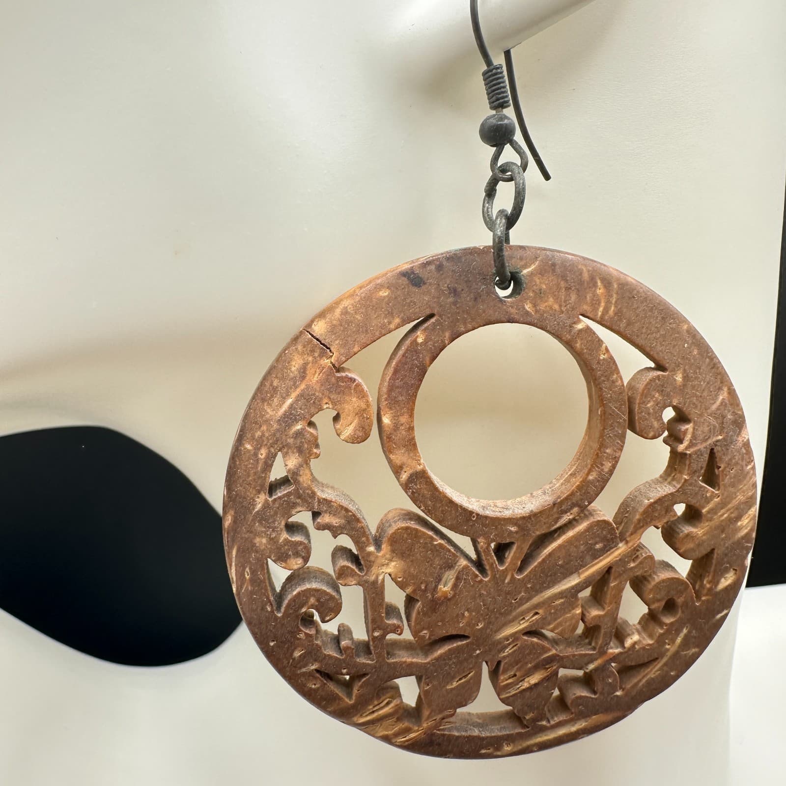 Contemporary Brown Paisley Filigree Wood Statement Hoop Fish Hook Earrings - Thumbnail 3