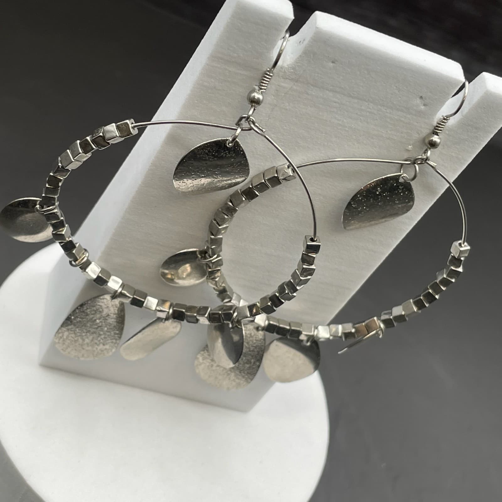 Silver Tone Mixed Charm Hoop Earrings Boho Metal Dangle Style - Thumbnail 3