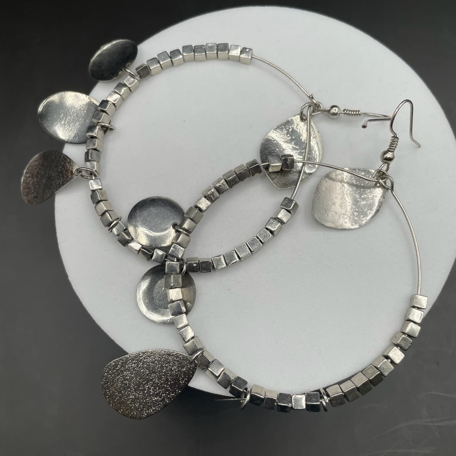 Silver Tone Mixed Charm Hoop Earrings Boho Metal Dangle Style - Thumbnail 9