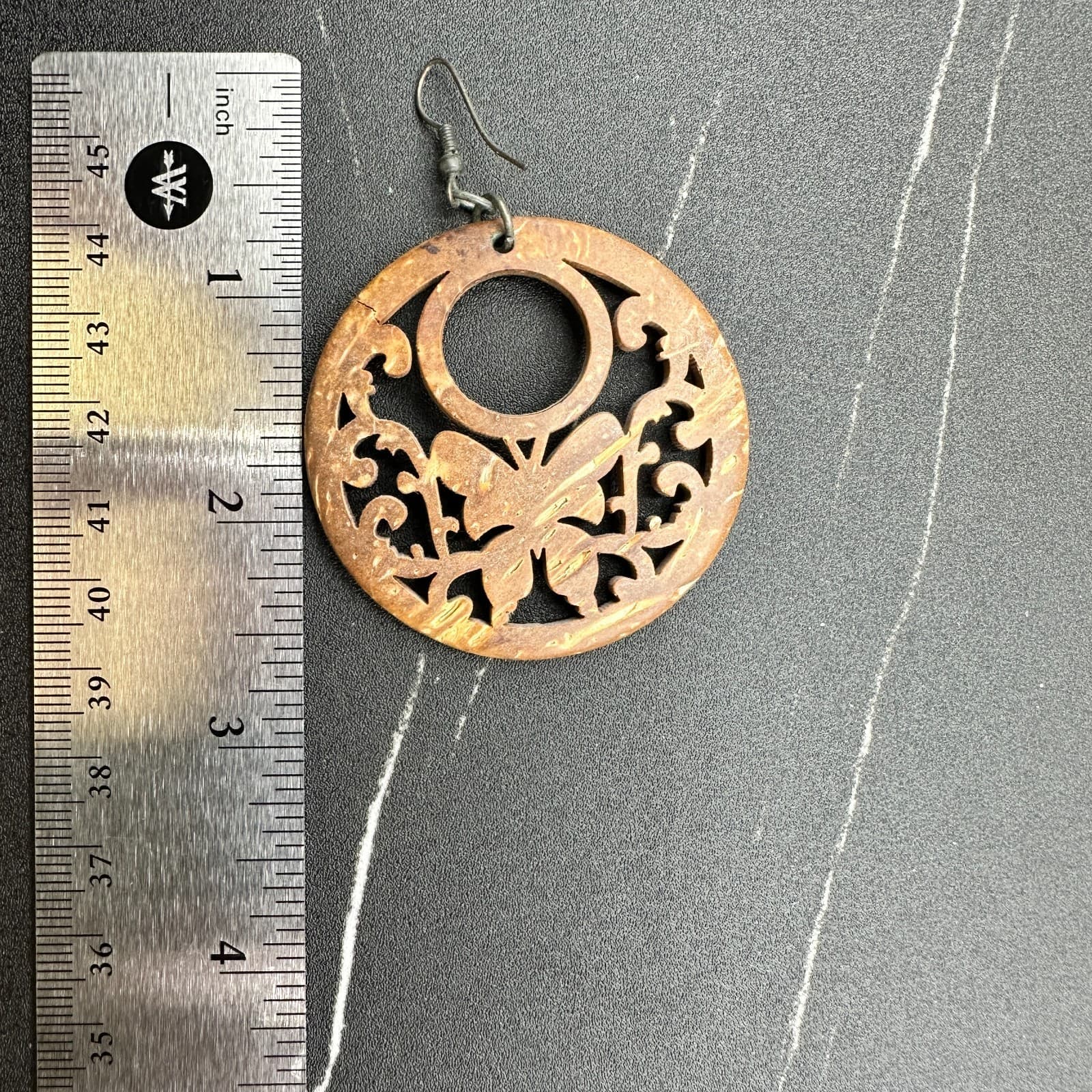 Contemporary Brown Paisley Filigree Wood Statement Hoop Fish Hook Earrings - Thumbnail 12