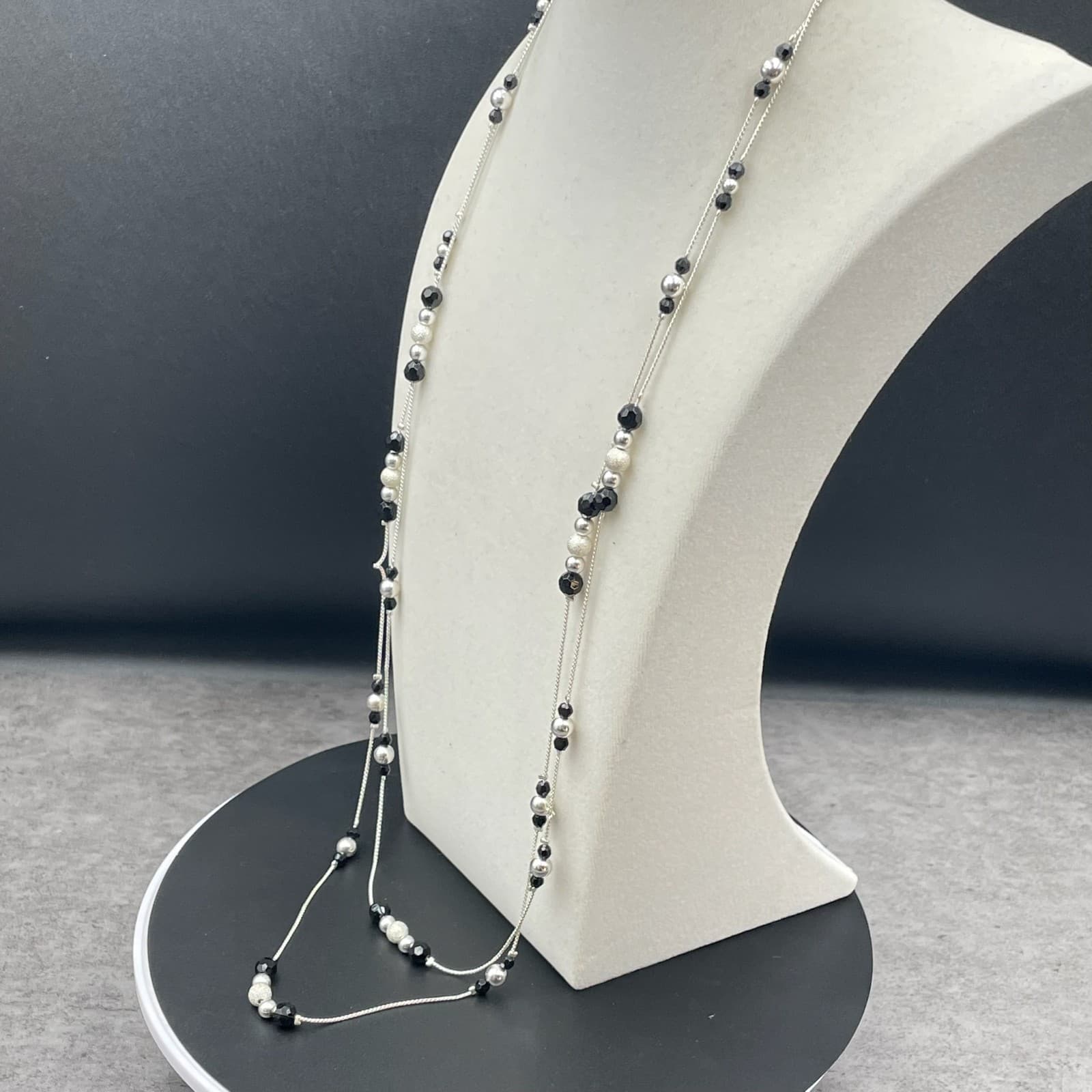 Cultured Silver-Tone Chain Black Onyx Beaded Double Stranded Sautoir Necklace - Thumbnail 9