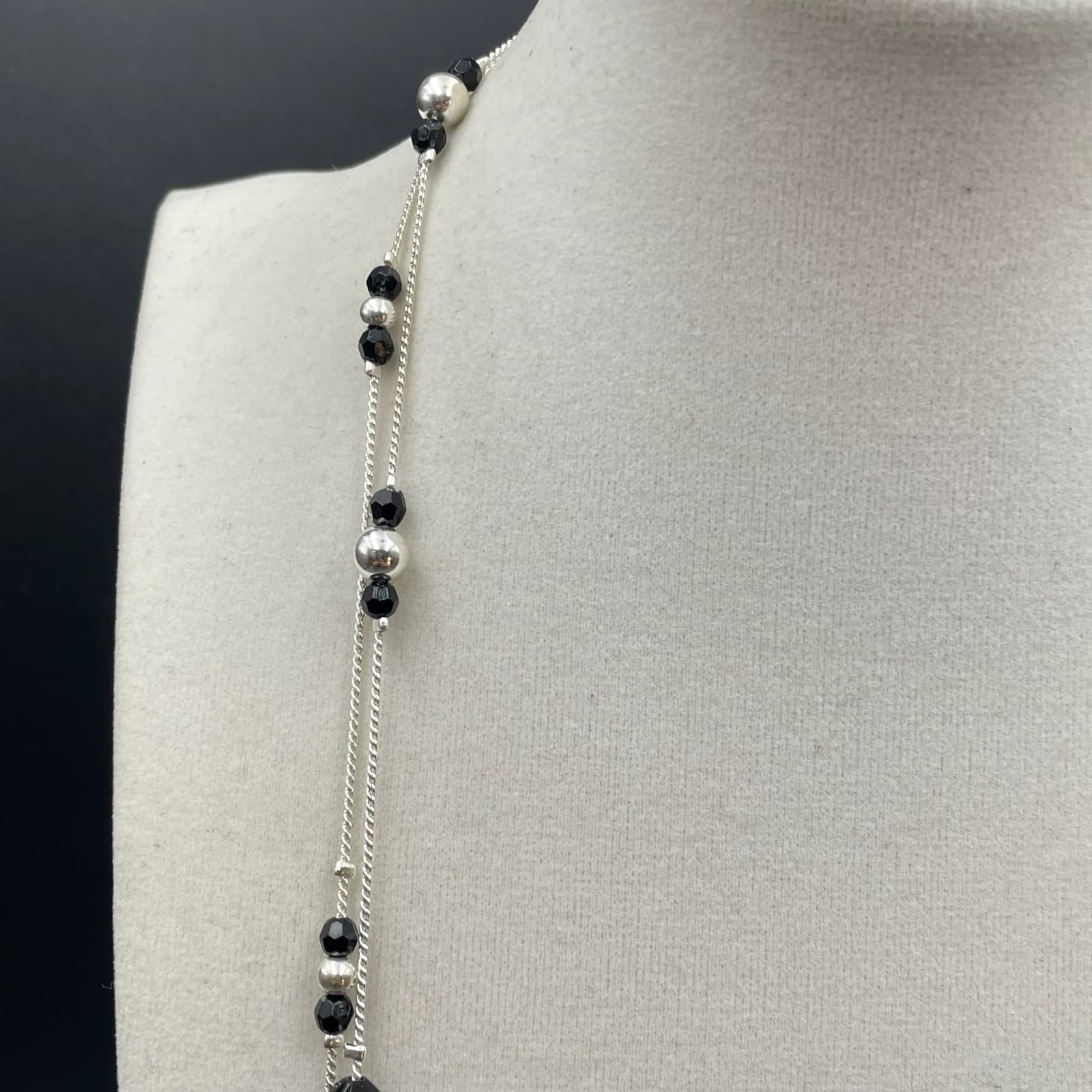Cultured Silver-Tone Chain Black Onyx Beaded Double Stranded Sautoir Necklace - Thumbnail 5
