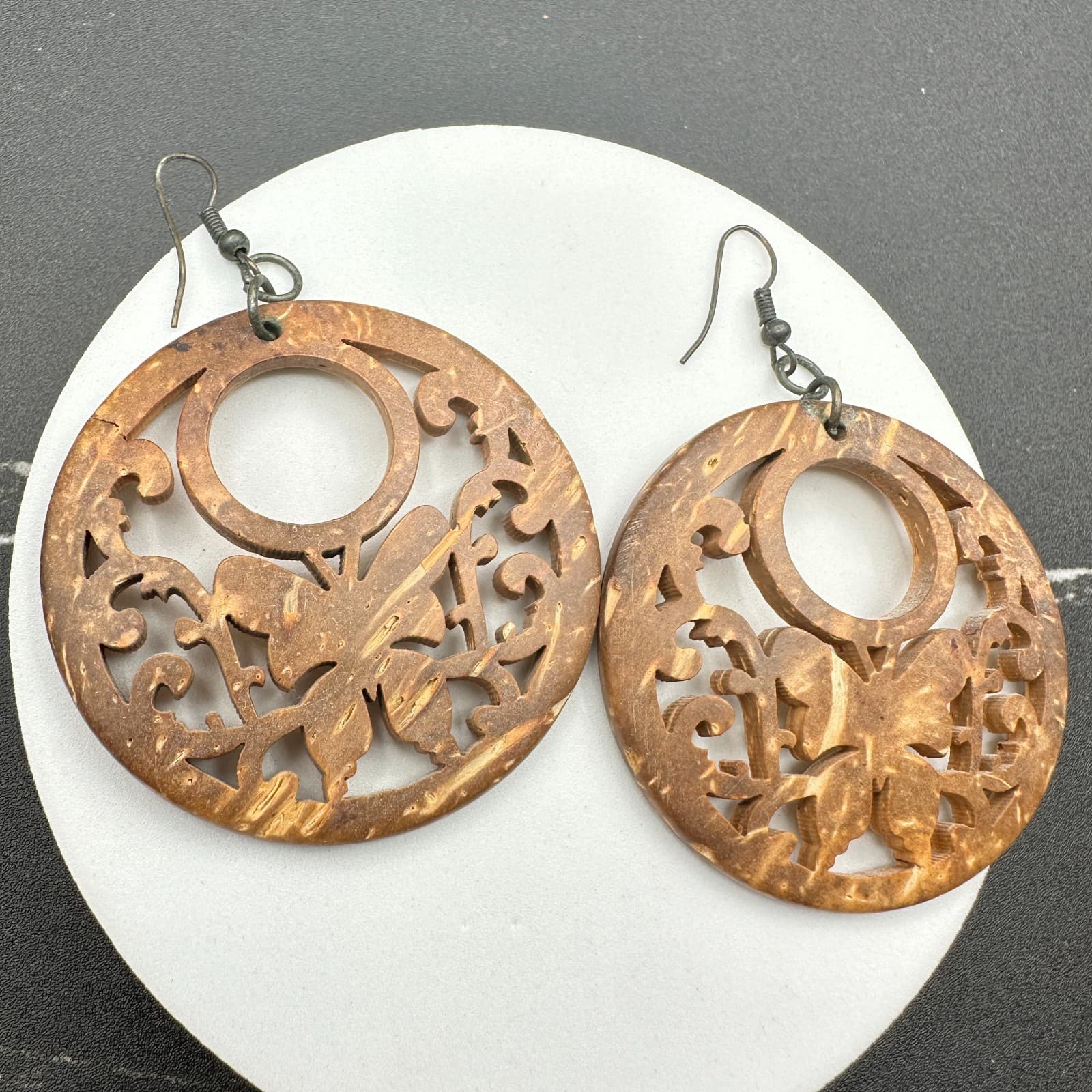 Contemporary Brown Paisley Filigree Wood Statement Hoop Fish Hook Earrings - Thumbnail 9