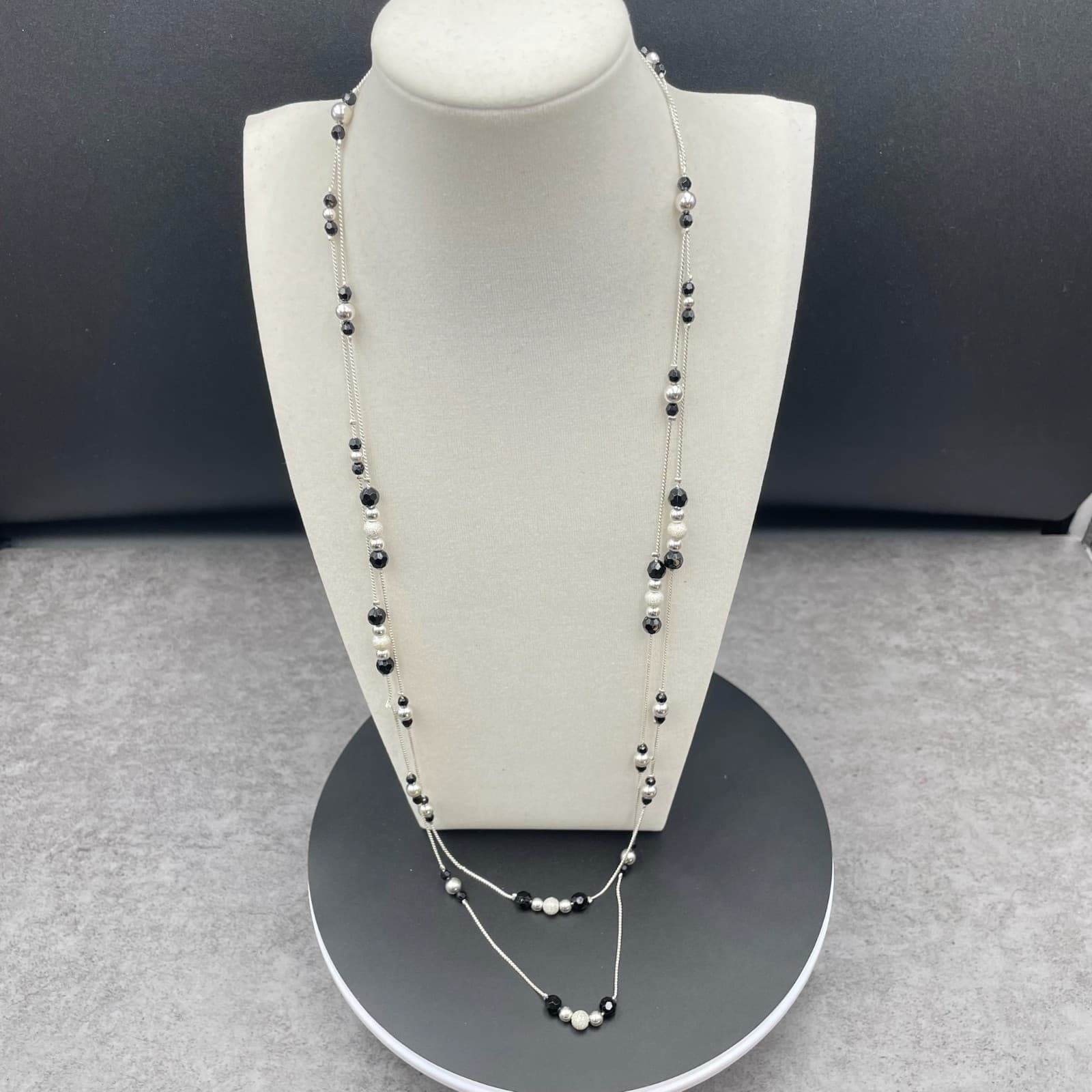 Cultured Silver-Tone Chain Black Onyx Beaded Double Stranded Sautoir Necklace - Image 1
