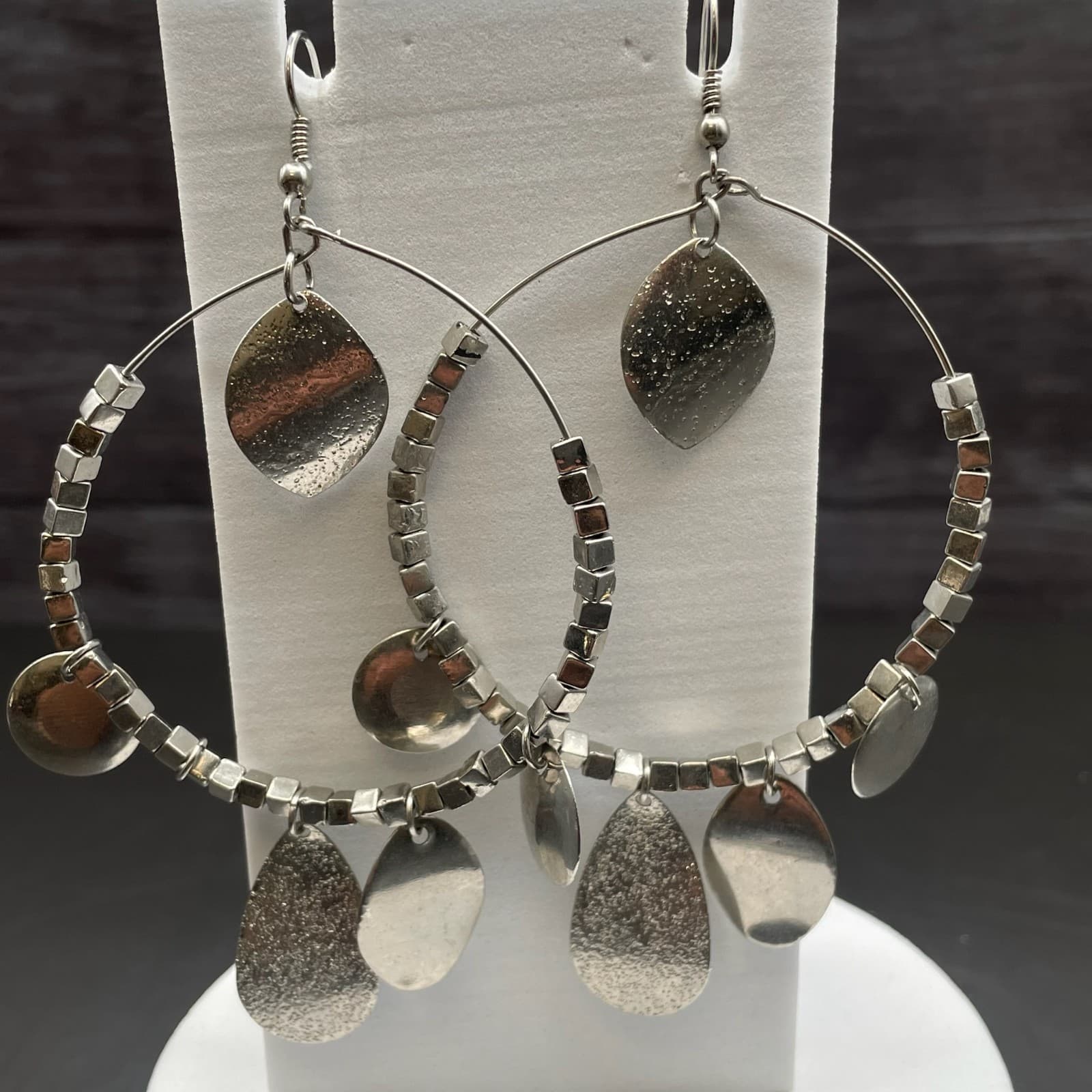 Silver Tone Mixed Charm Hoop Earrings Boho Metal Dangle Style - Thumbnail 6