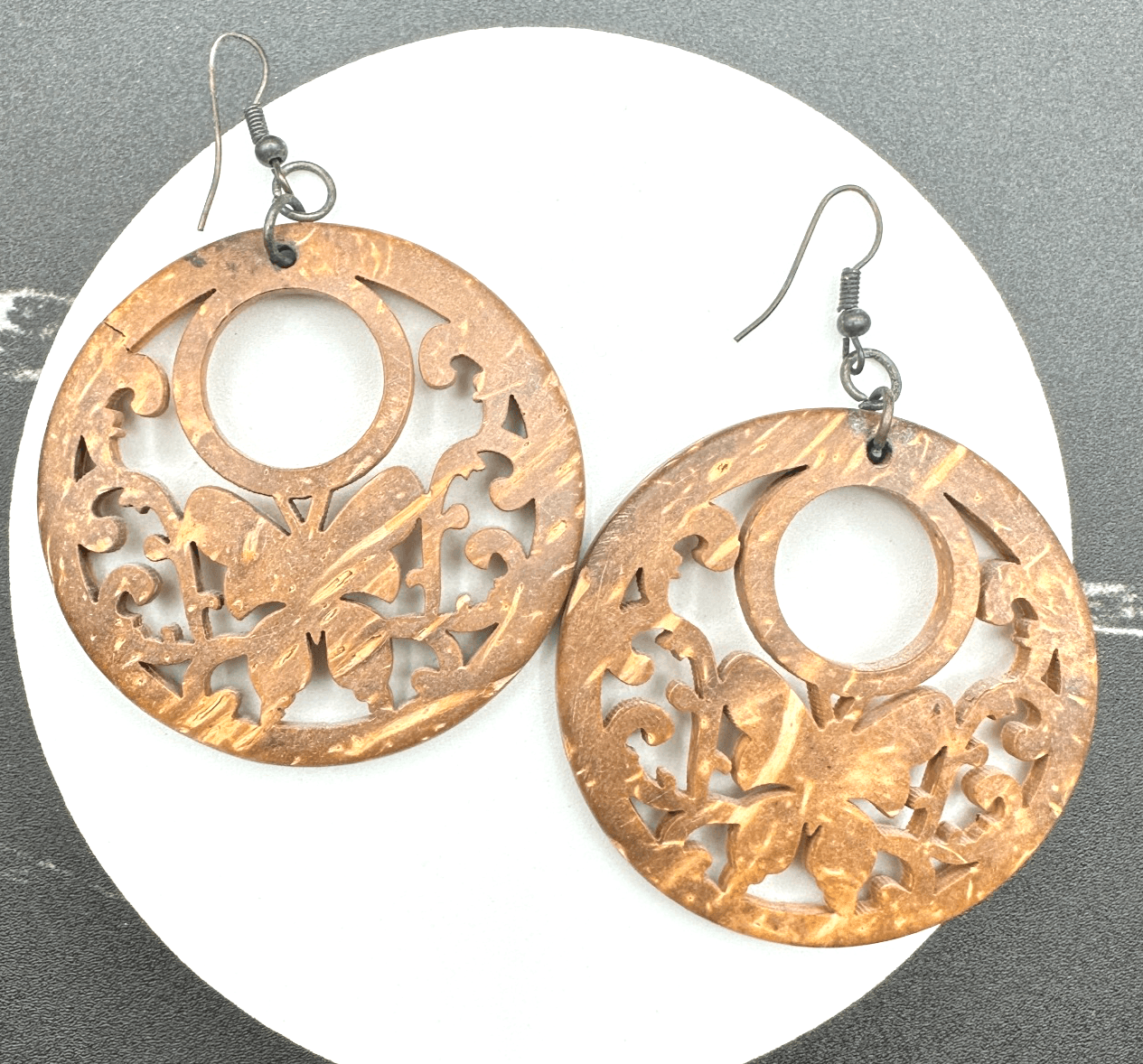 Contemporary Brown Paisley Filigree Wood Statement Hoop Fish Hook Earrings - Image 1