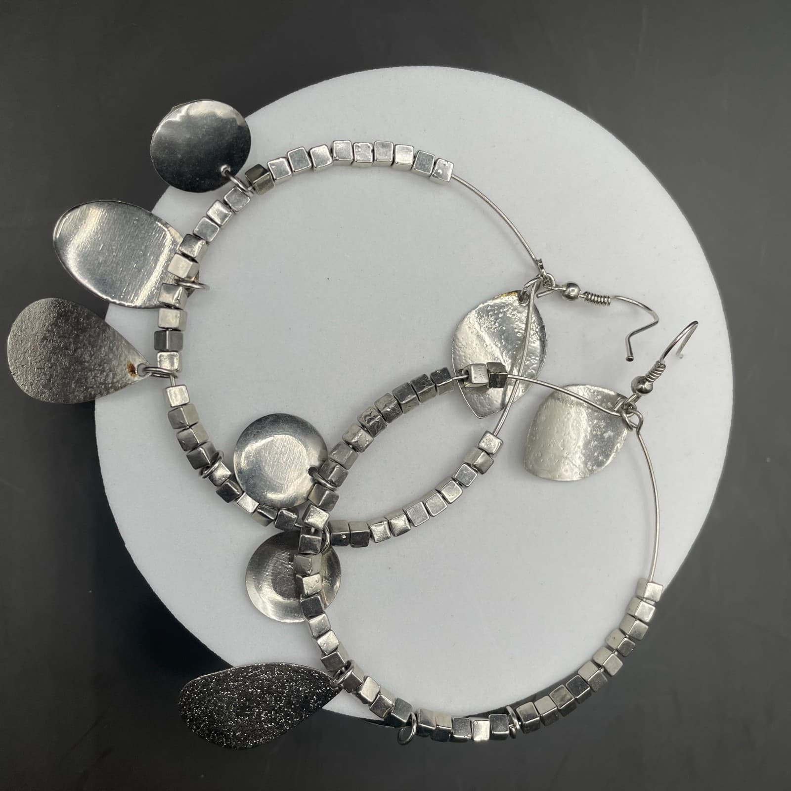 Silver Tone Mixed Charm Hoop Earrings Boho Metal Dangle Style - Thumbnail 7