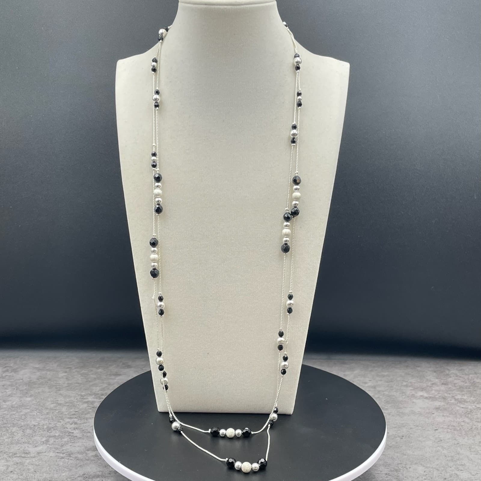 Cultured Silver-Tone Chain Black Onyx Beaded Double Stranded Sautoir Necklace - Thumbnail 4
