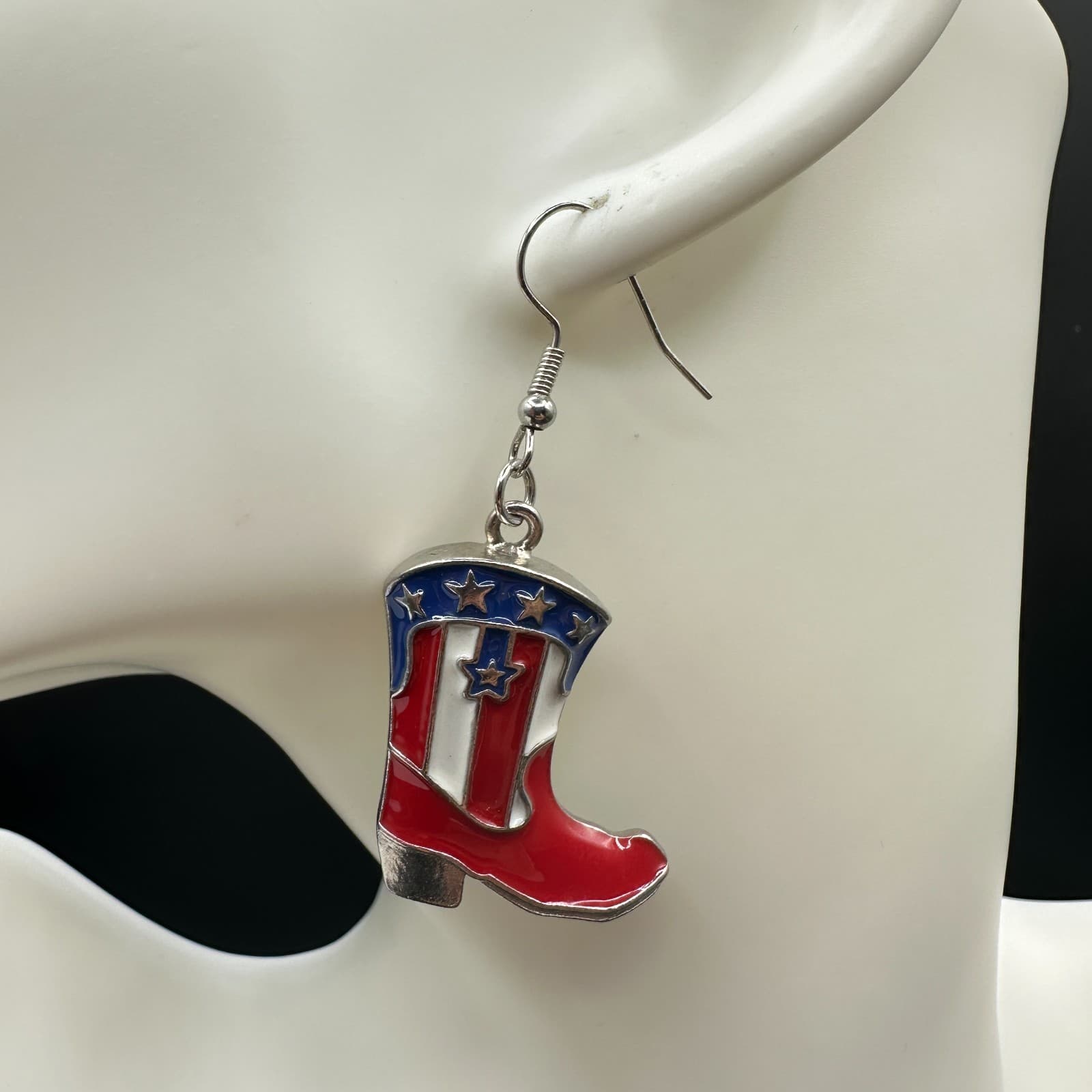 Vintage Womens Multicolor Patriotic USA American Flag Cowboy Boots Earrings - Thumbnail 2