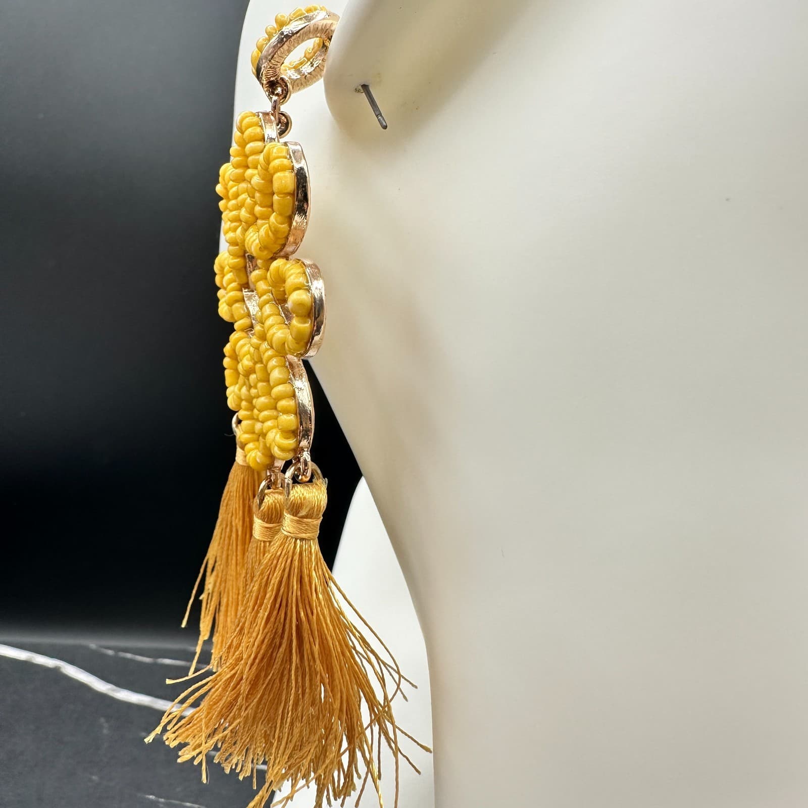 Vintage Women's Yellow Beaded Flower Statement Tassel Beauty Dangle Earrings - Thumbnail 8