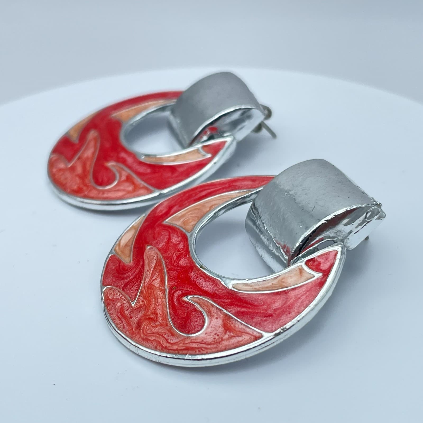 Vintage 80s Red Orange Enamel Door Knocker Clip-On Earrings Silver Tone Jewelry - Thumbnail 5
