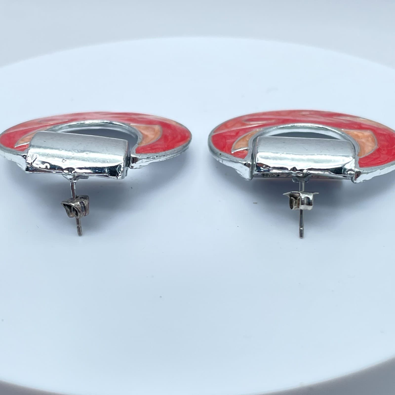 Vintage 80s Red Orange Enamel Door Knocker Clip-On Earrings Silver Tone Jewelry - Thumbnail 6