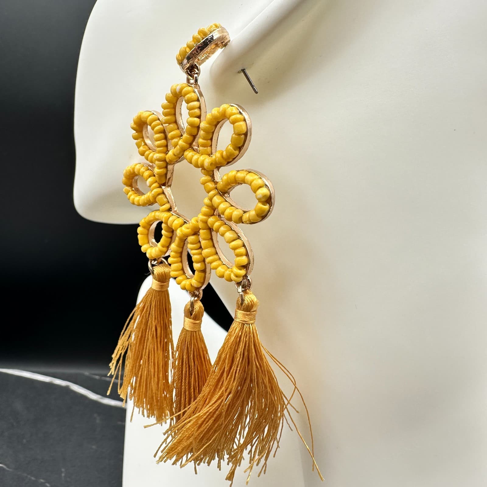 Vintage Women's Yellow Beaded Flower Statement Tassel Beauty Dangle Earrings - Thumbnail 7