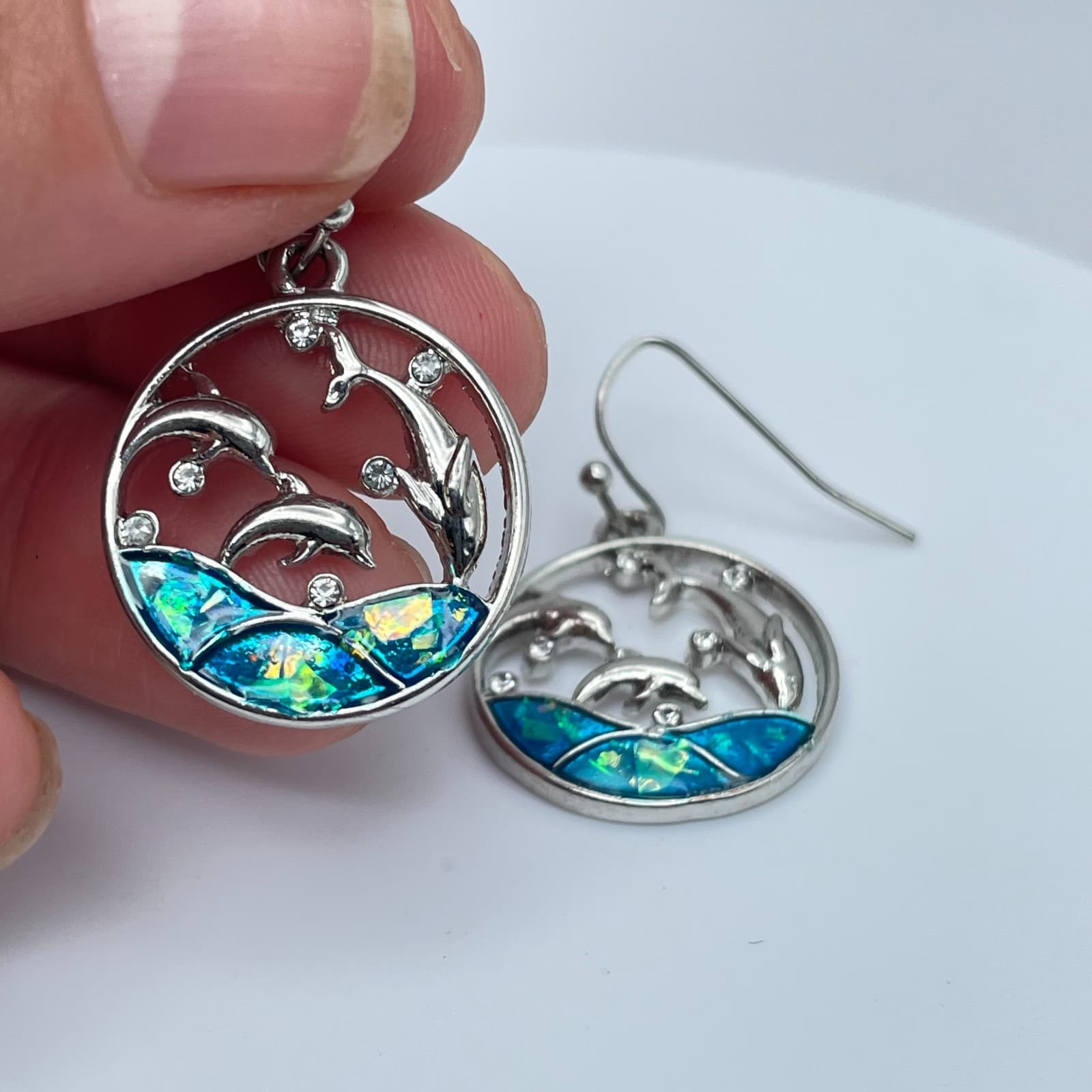 Vintage 90s Silver Tone Dolphin Earrings Blue Faux Opal Sea Life Ocean Earrings - Thumbnail 3