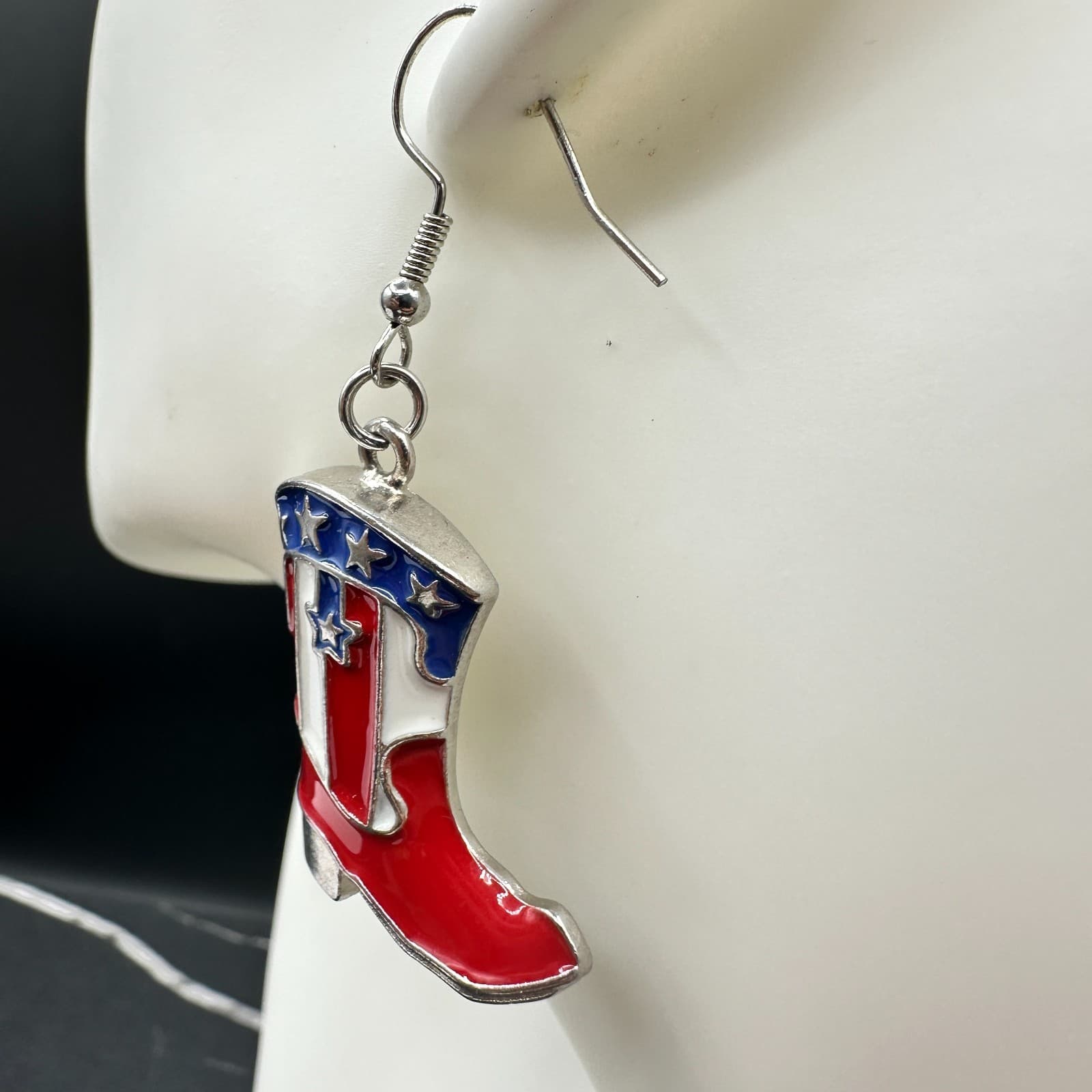 Vintage Womens Multicolor Patriotic USA American Flag Cowboy Boots Earrings - Thumbnail 5